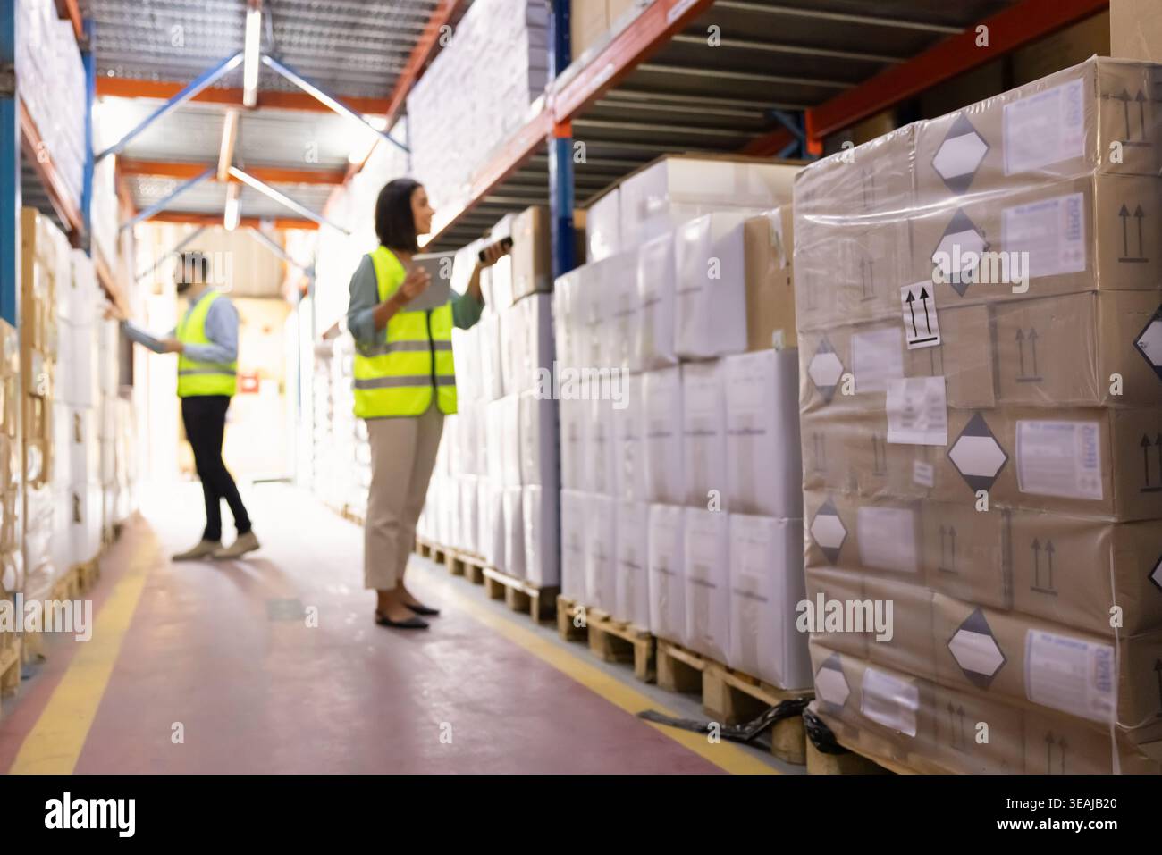 Two logistics workers scanning packages in warehouse Stock Photo