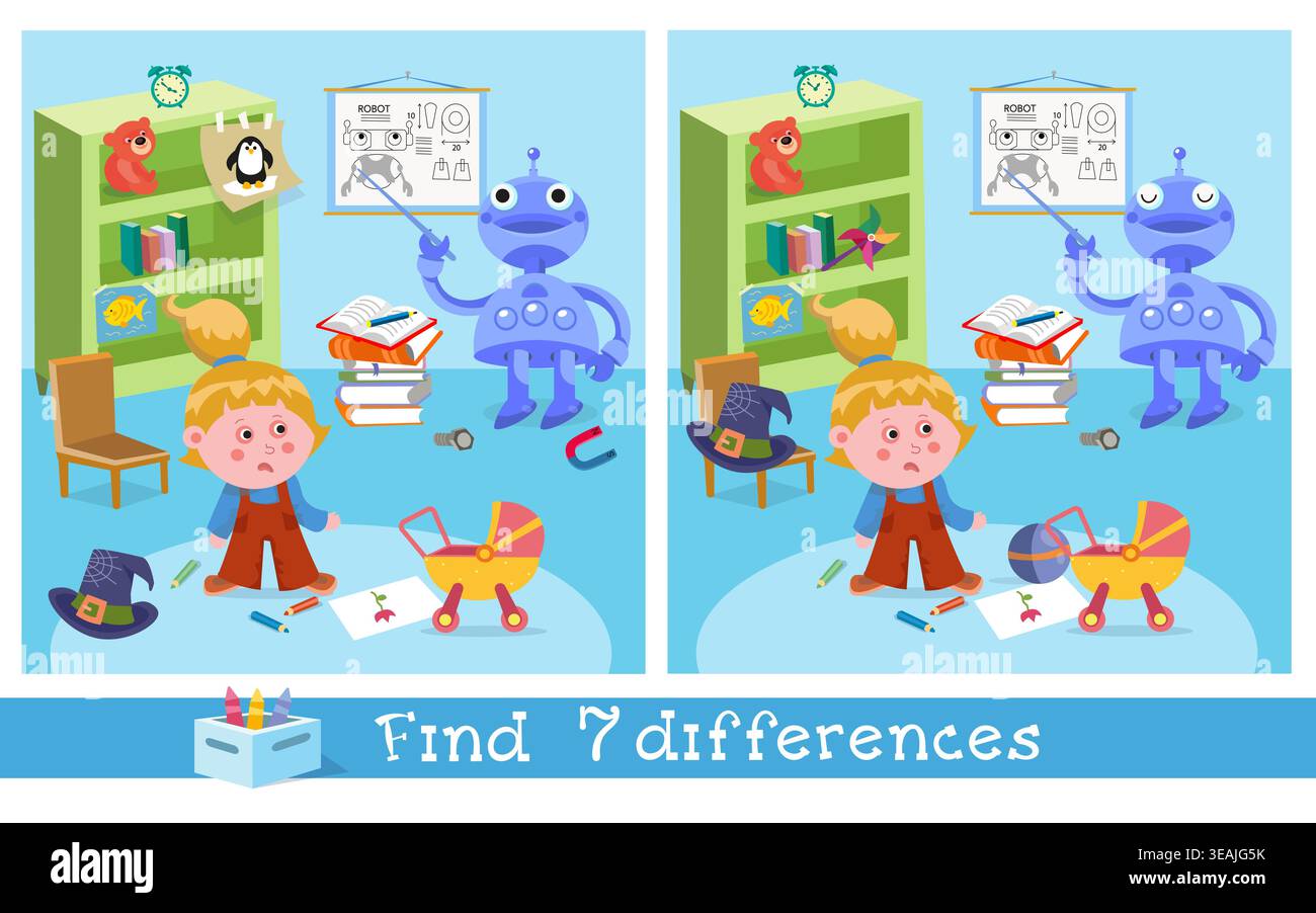 Find seven differences educational game for kids with robot and girl ...