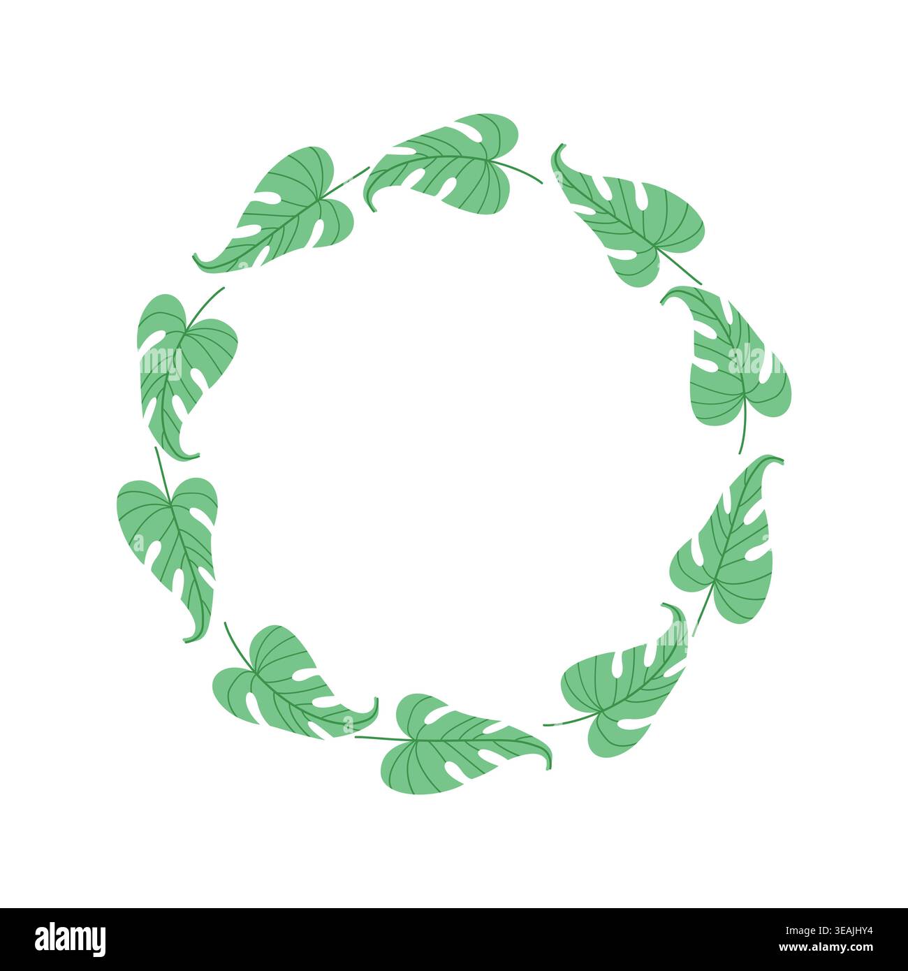 Leaf frame vector flat botanical wreath monstera circle border invitation template Stock Vector