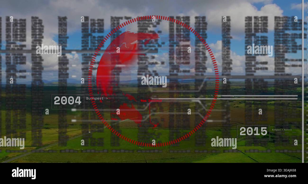 Showing red globe and blurred code overlaying fields from air, with timeline 2004 Budapest 2015 Stock Photo