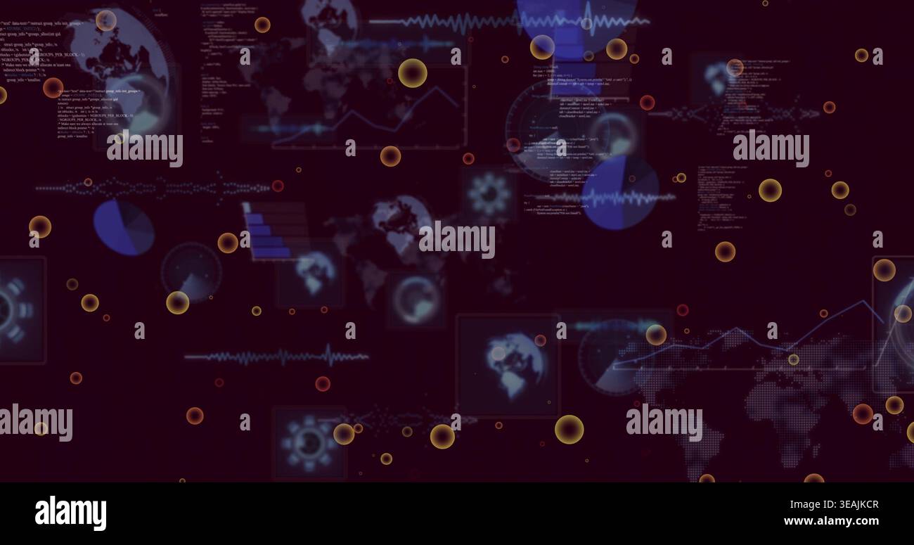 Displaying complex digital dashboard centered on dark purple canvas, with maps, charts, code blocks Stock Photo