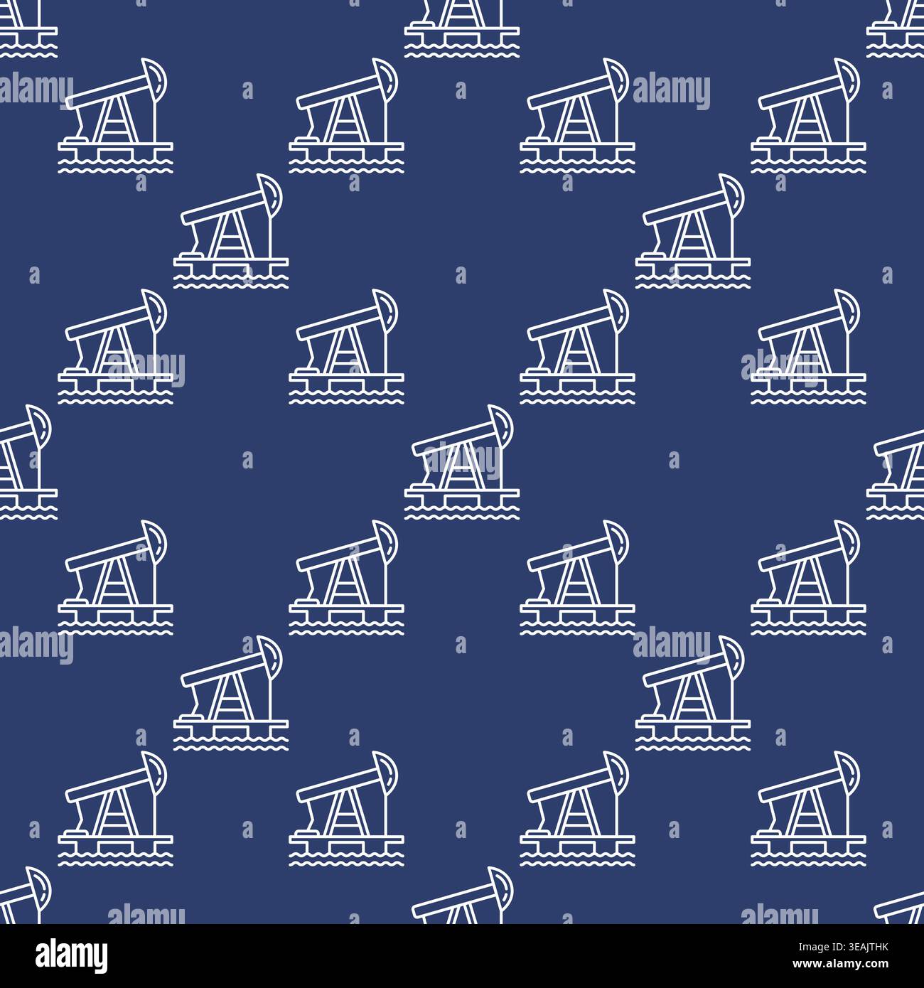 Oil pump at sea vector concept seamless pattern in thin line style Stock Vector
