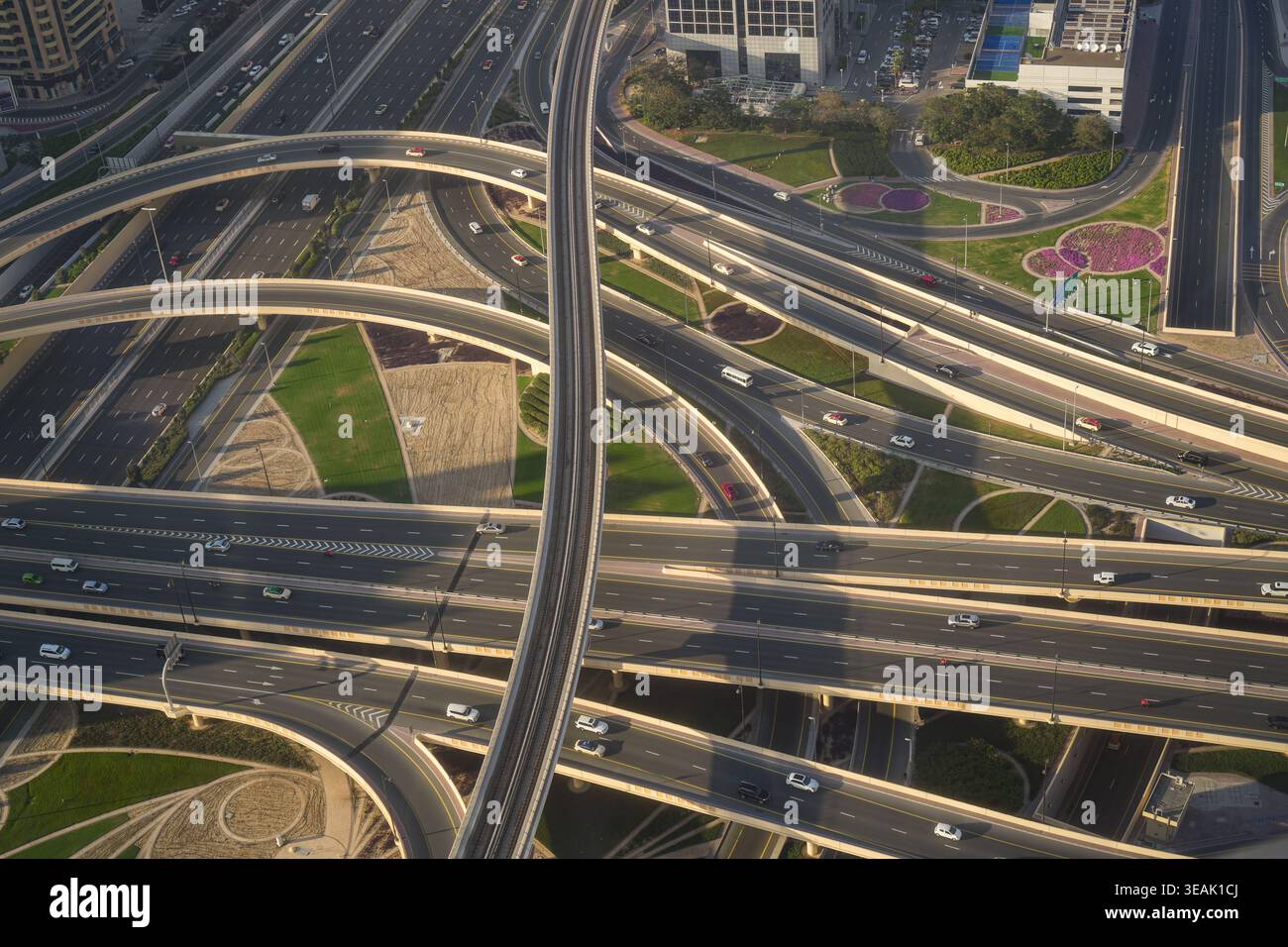 Aerial view of a complex multi-level highway interchange with curving ...