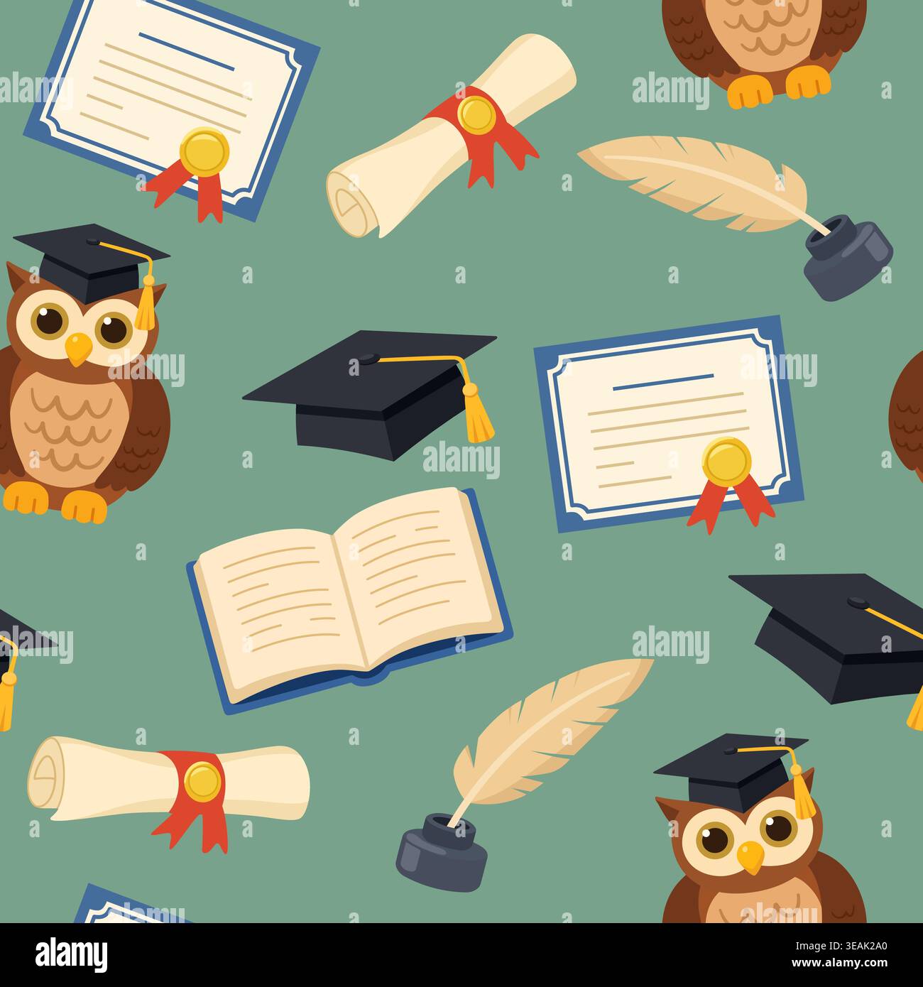 Academic graduation seamless pattern with owls and certificates Stock Vector