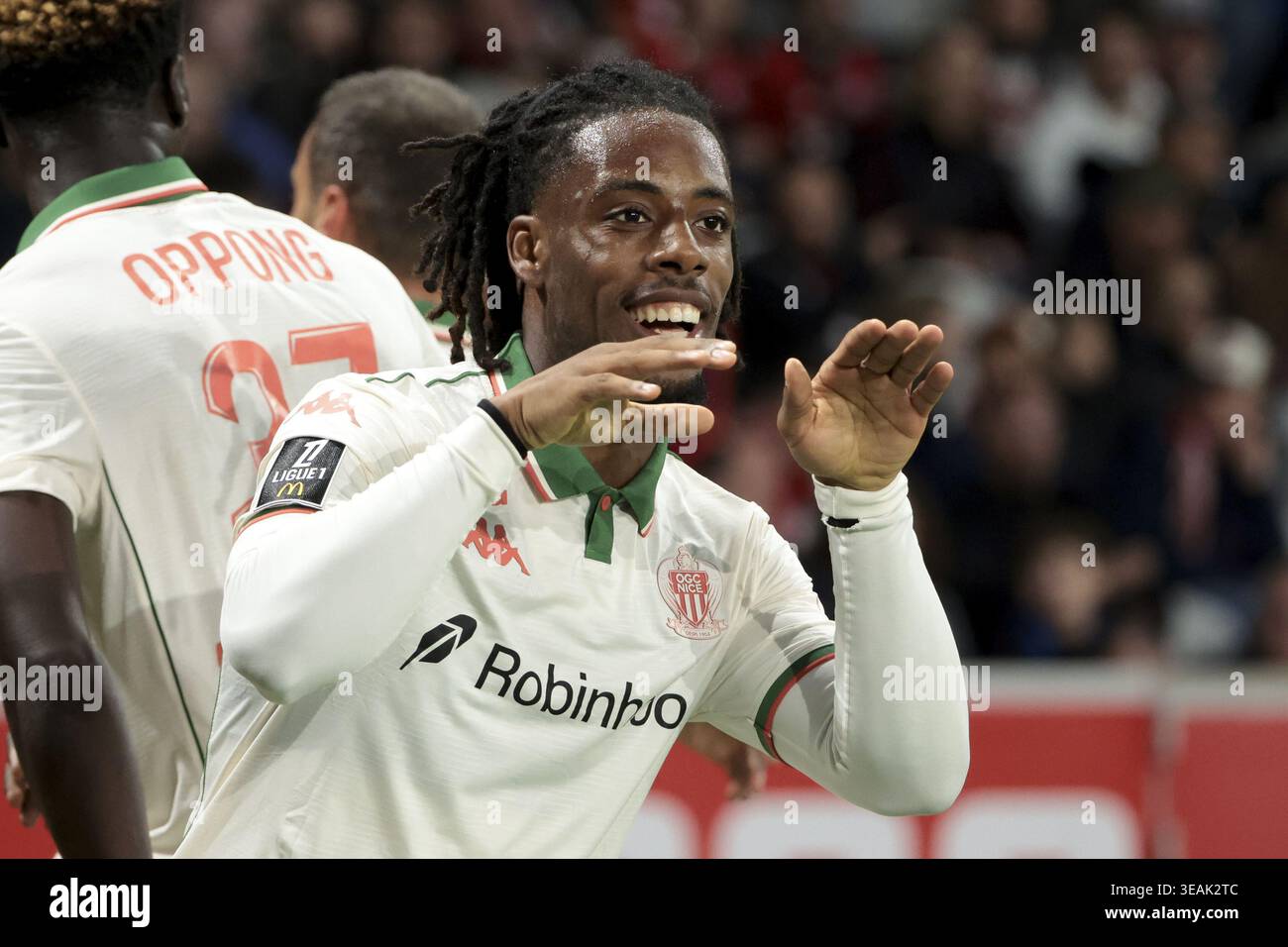 Sepe Elye Wahi of Nice celebrates his goal - goal later cancelled - during  the French championship Ligue 1 football match between Lille OSC (LOSC) and  OGC Nice (OGCN) on April 18,