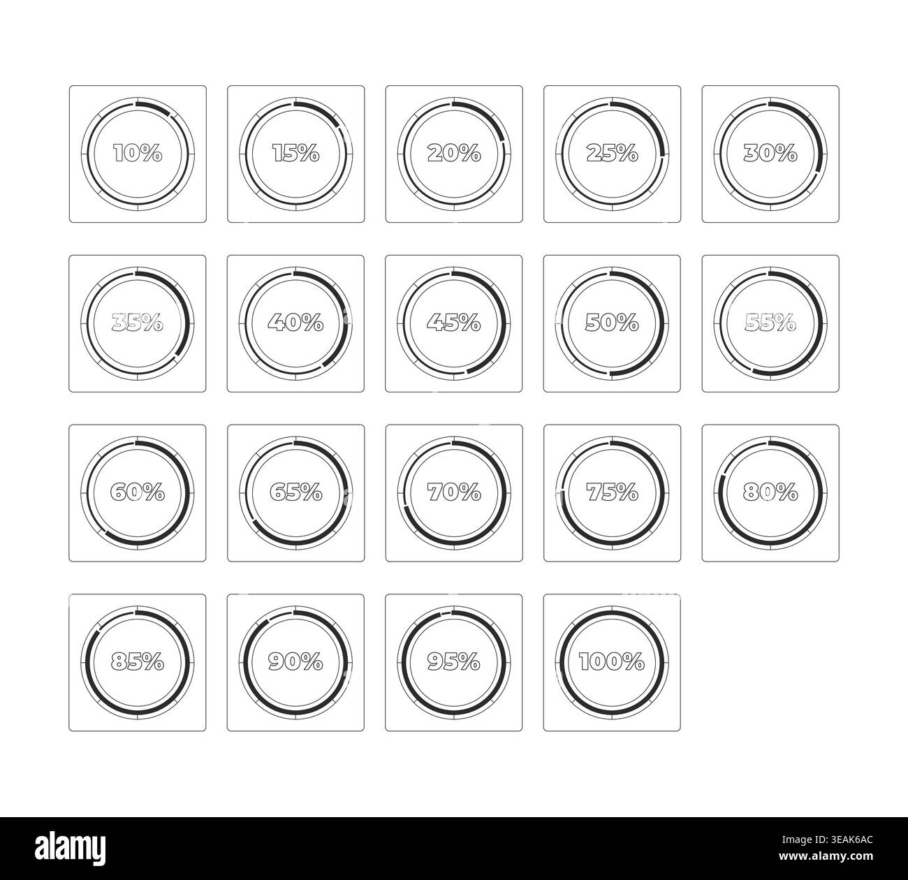 Circular progress with percentage increments modern line style data visualization element set Stock Vector