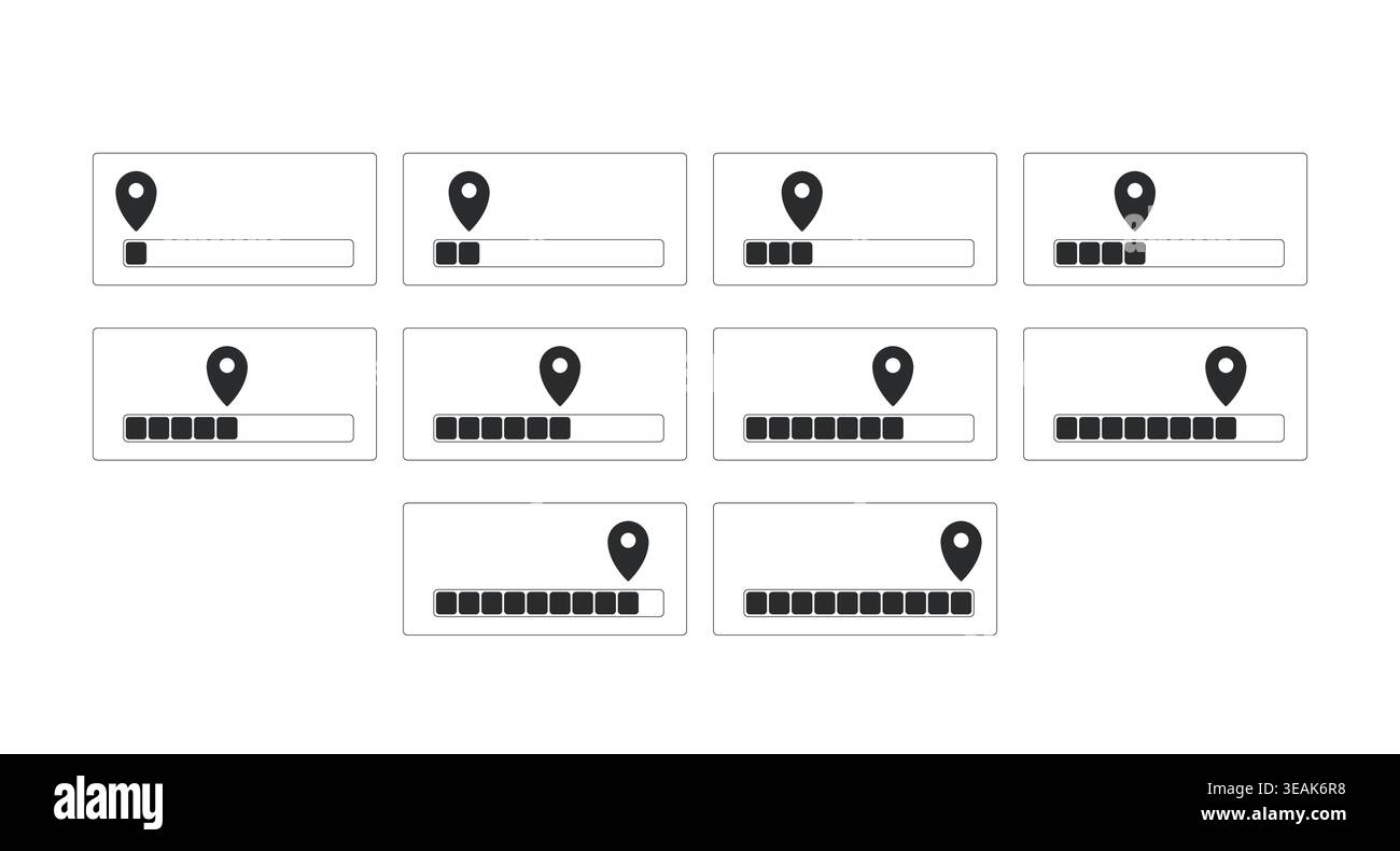 Progress bars with location pin modern line style data visualization element set Stock Vector