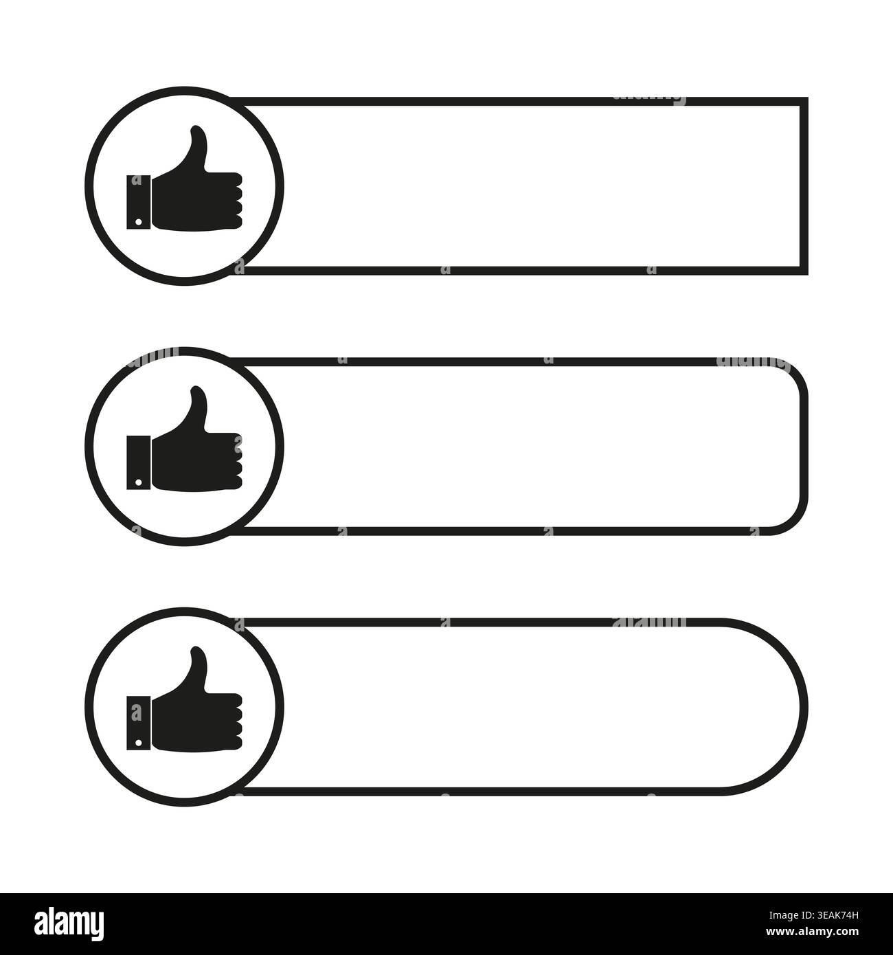 Three thumbs up like button vector elements with different rectangular shapes. Ideal for user feedback forms and social app interfaces. EPS 10. Stock Vector
