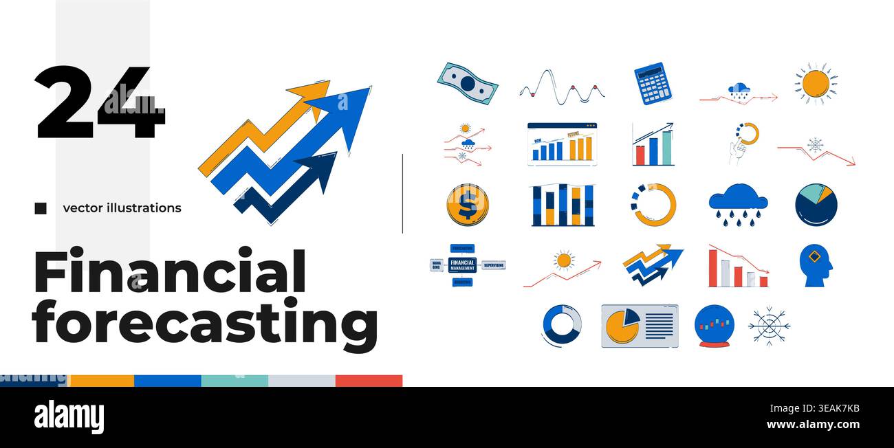 Financial forecasting charts and analytics cartoon flat illustrations bundle Stock Vector