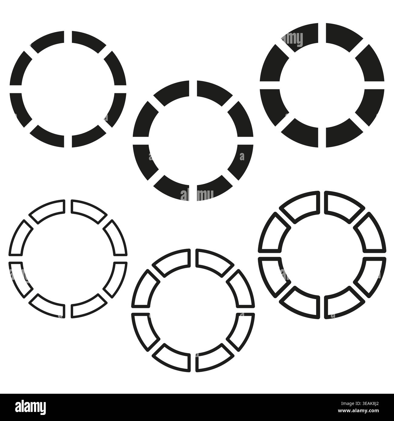 Circular loading progress bar icon set vector. These symbols visualize buffering status for web design and mobile app interface. EPS 10. Stock Vector