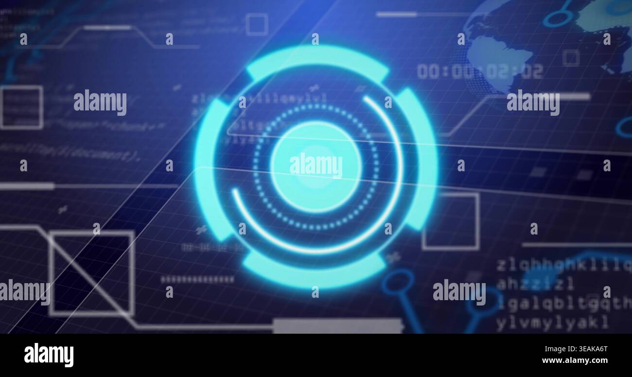Rotating cyan concentric HUD hovering over dark grid plane, showing code strings, timer, map. Interface, holographic, neon, futuristic, circuitry, das Stock Photo