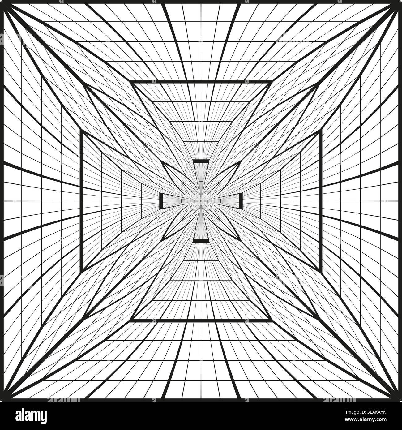Abstract geometric perspective tunnel grid vector. Monochromatic linear pattern creates depth for modern creative backgrounds. EPS 10. Stock Vector