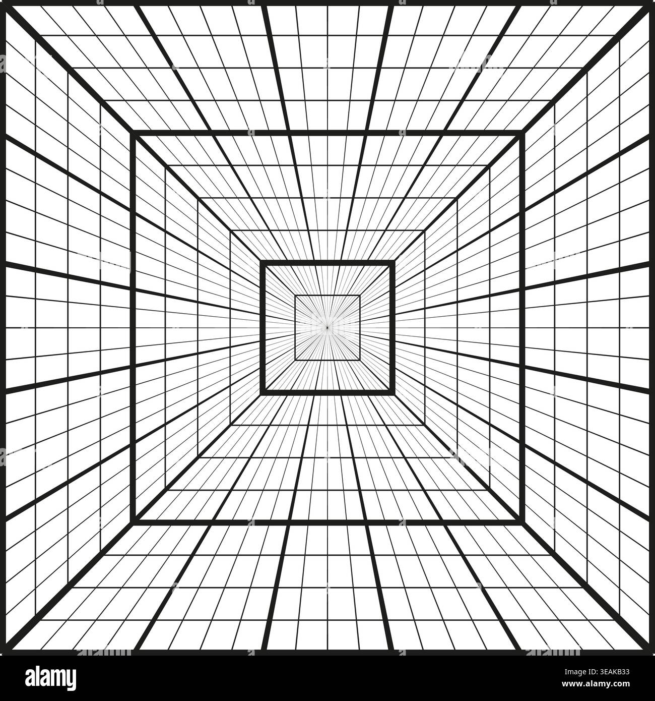 Perspective tunnel grid wireframe design vector. Infinite geometric lines create deep spatial depth for architectural art. EPS 10. Stock Vector