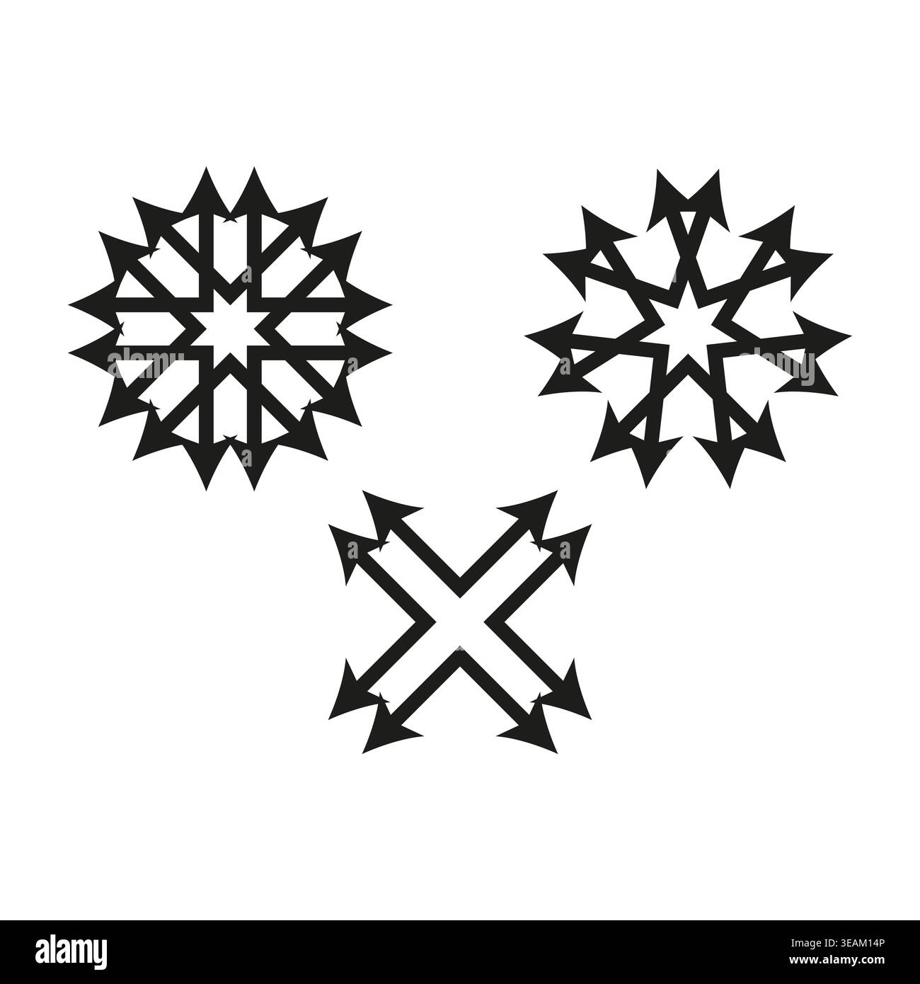 Vector illustration shows diverse arrow patterns radial designs. Symbols represent direction expansion movement growth. EPS 10. Stock Vector