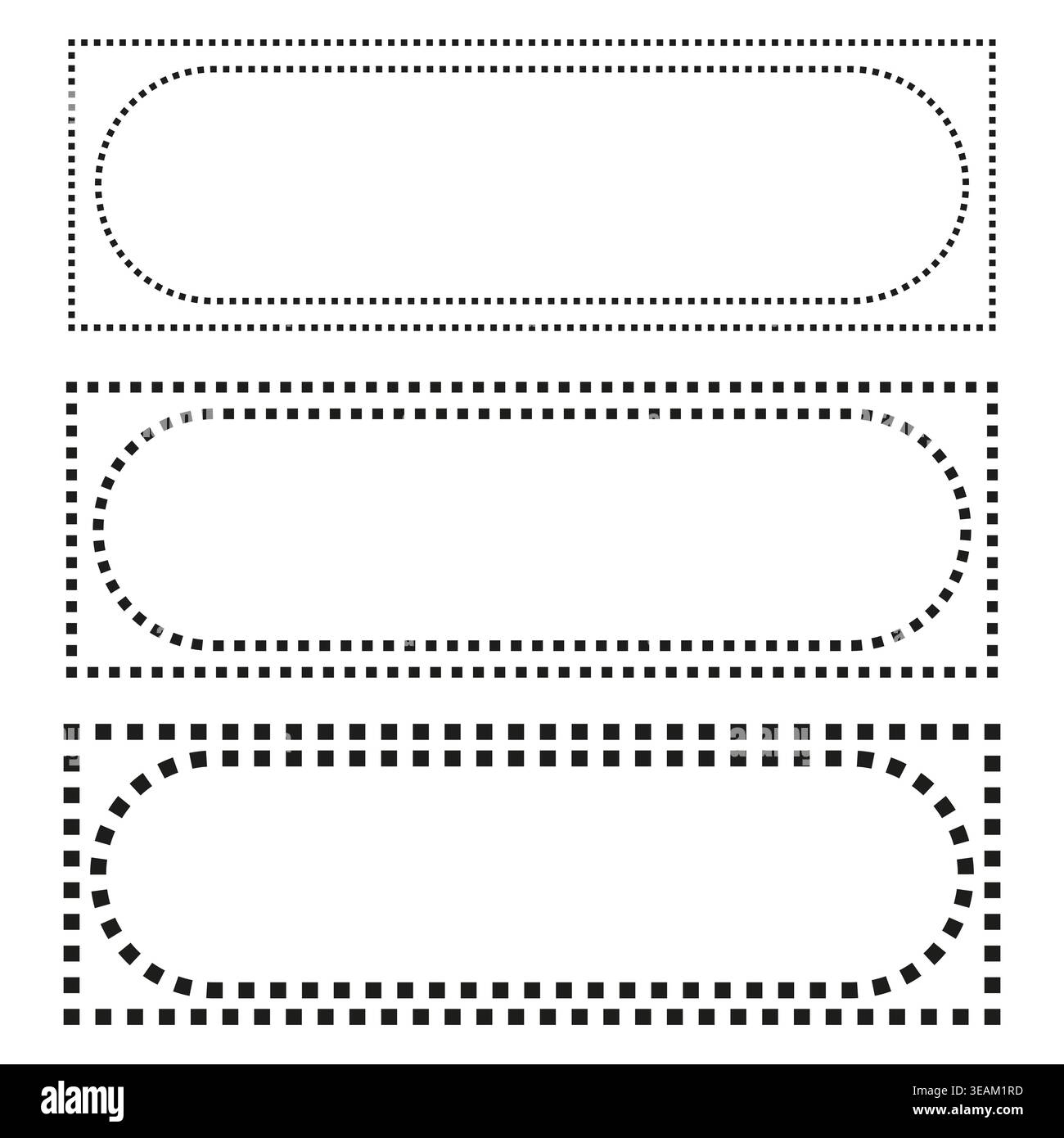 A collection of modern Vector rectangular frames with rounded corners, featuring various dashed line styles for design elements and borders. Stock Vector
