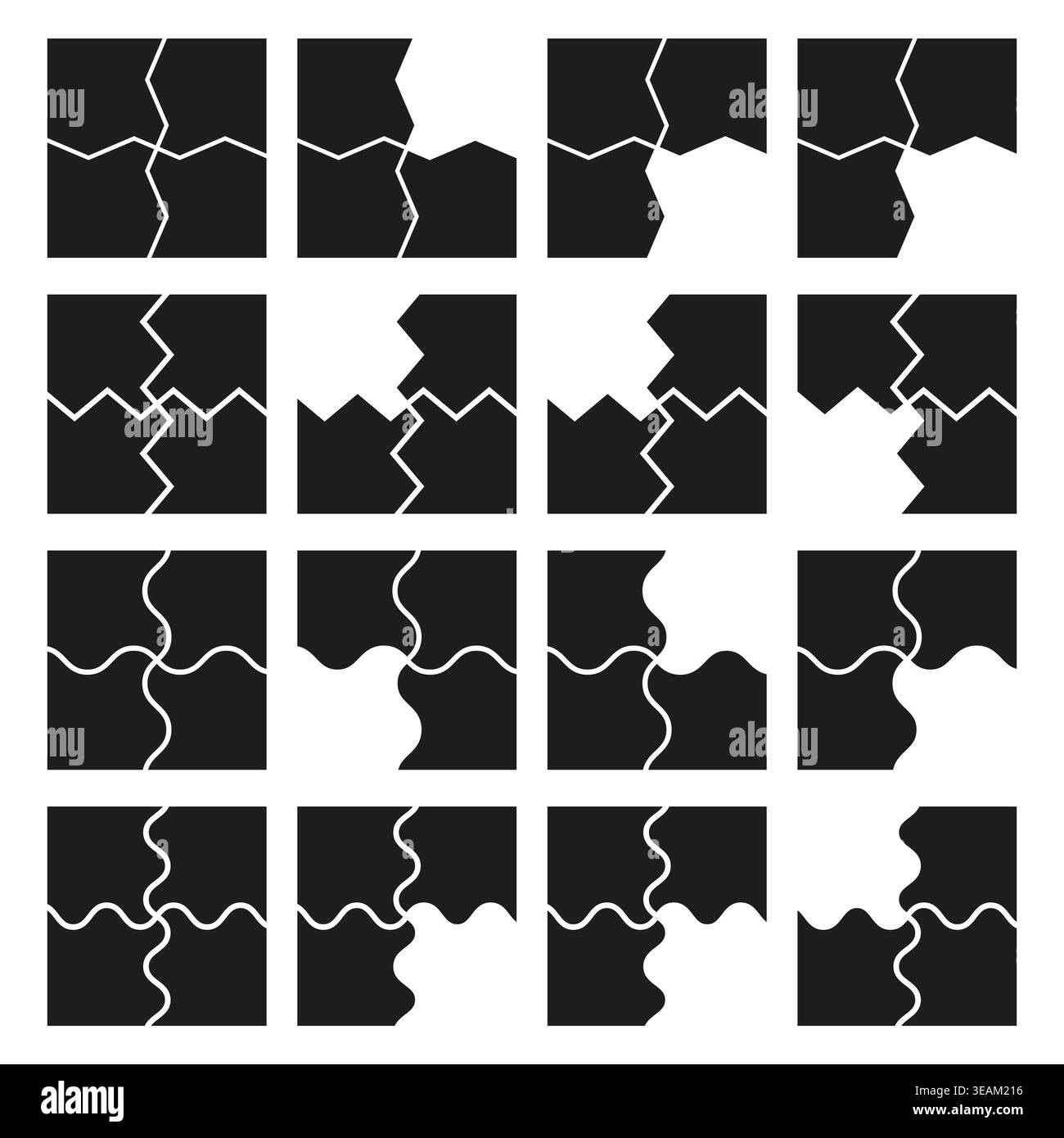 A modern Vector set of abstract monochrome puzzle elements, depicting interconnected pieces for design, problem solving, and conceptual structures. Stock Vector