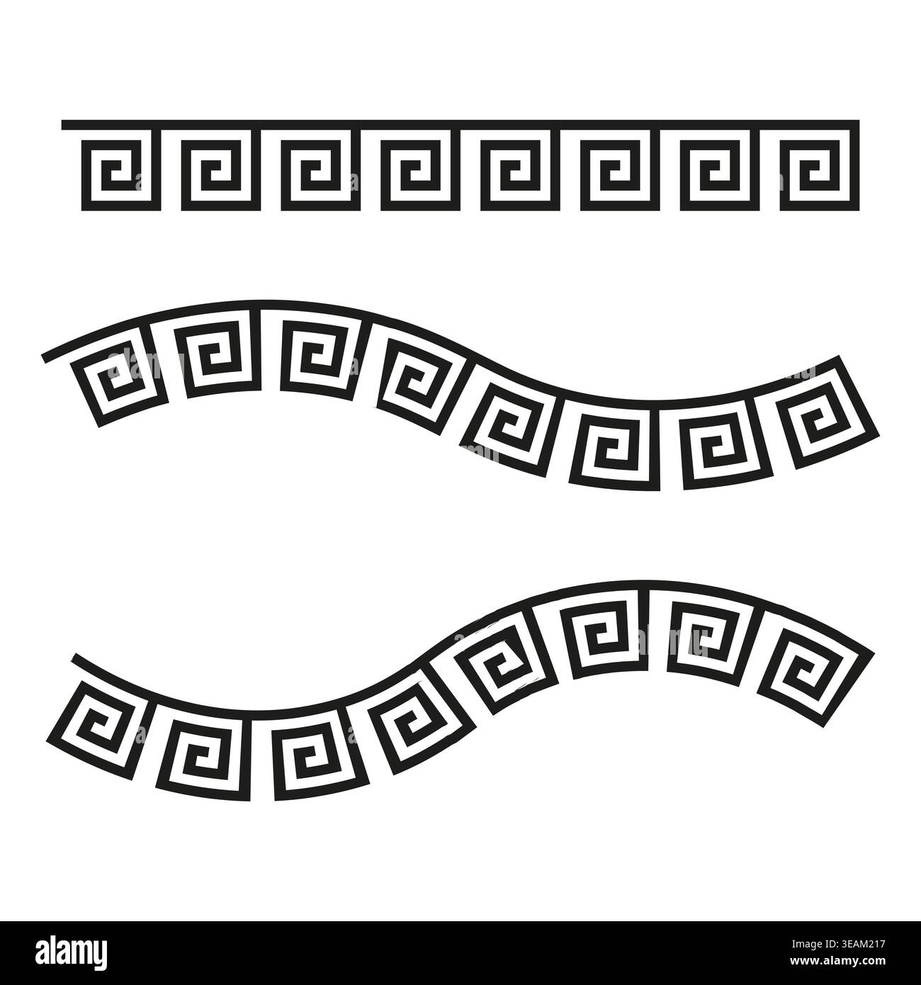 A Vector collection of classic Greek key meander borders, featuring straight and wavy geometric ornamental patterns in black. Stock Vector