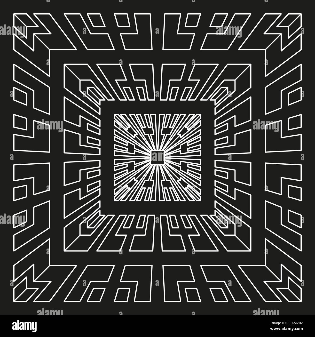 A captivating abstract geometric Vector pattern with radiating lines and three dimensional square elements creating an optical tunnel illusion. Stock Vector