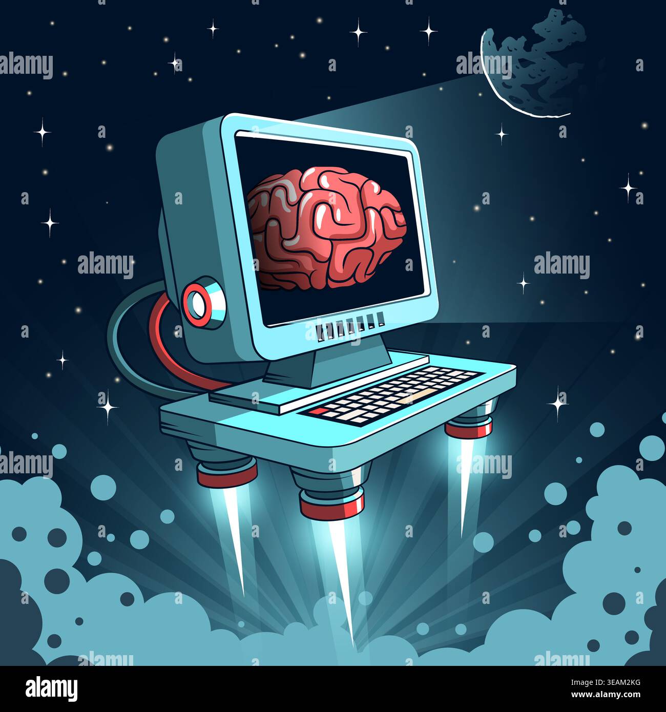 Computer With Brain Artificial Intelligence Space Concept Vector Stock Vector