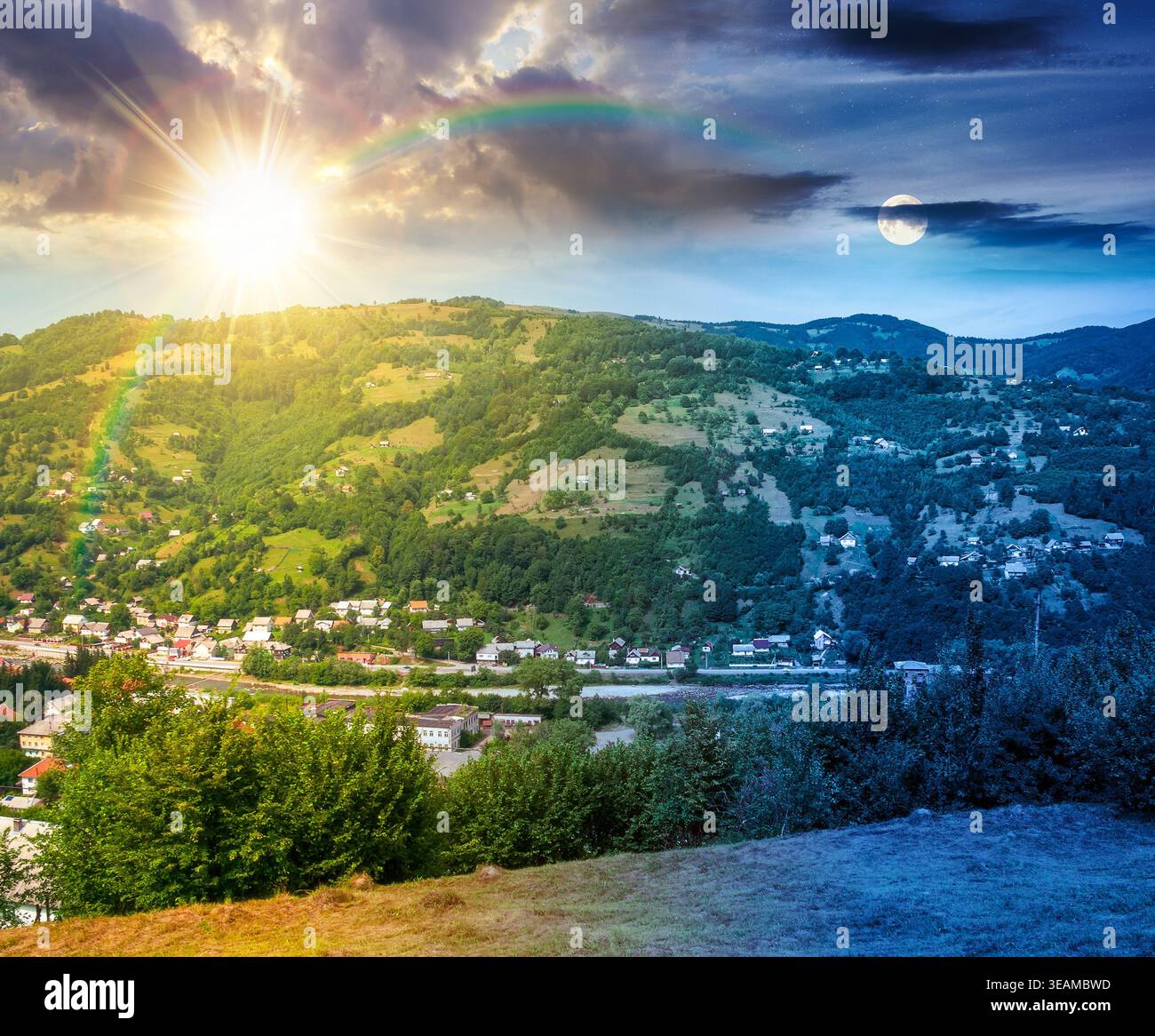 day meet night. carpathian mountain landscape in summer. view in to the valley of rakhiv town near forested hill of mountain range. astrology backgrou Stock Photo