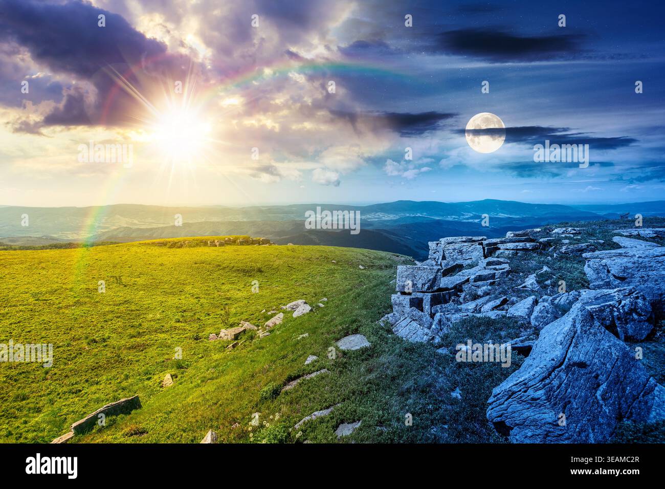 mountainous landscape during summer solstice. day meet night. sun and moon over boulders and rock formations surrounded grassy hills. picture of an un Stock Photo