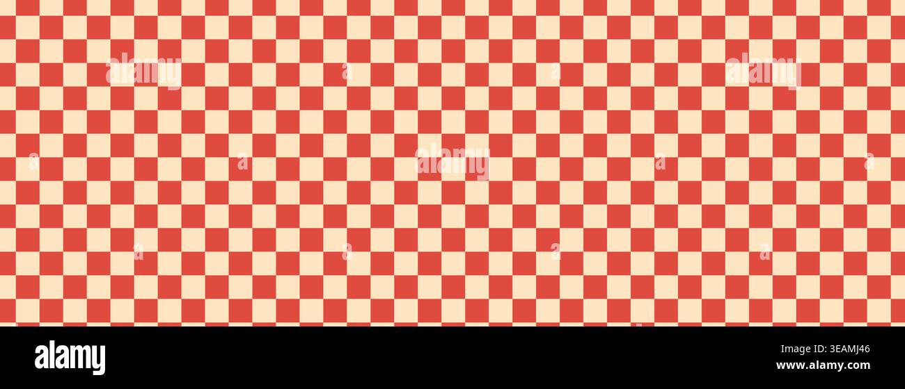 Checkerboard red background, pattern grid. Retro psychedelic checkered wallpaper. Wavy groovy chessboard surface. Distorted geometric grid. Vector illustration Stock Vector