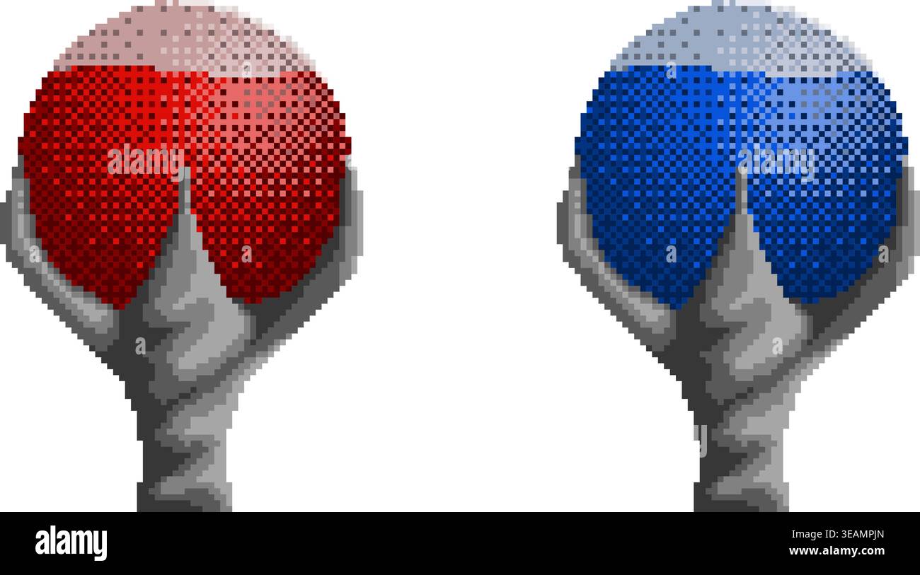 Pixel art red and blue orbs representing health and mana isolated on ...