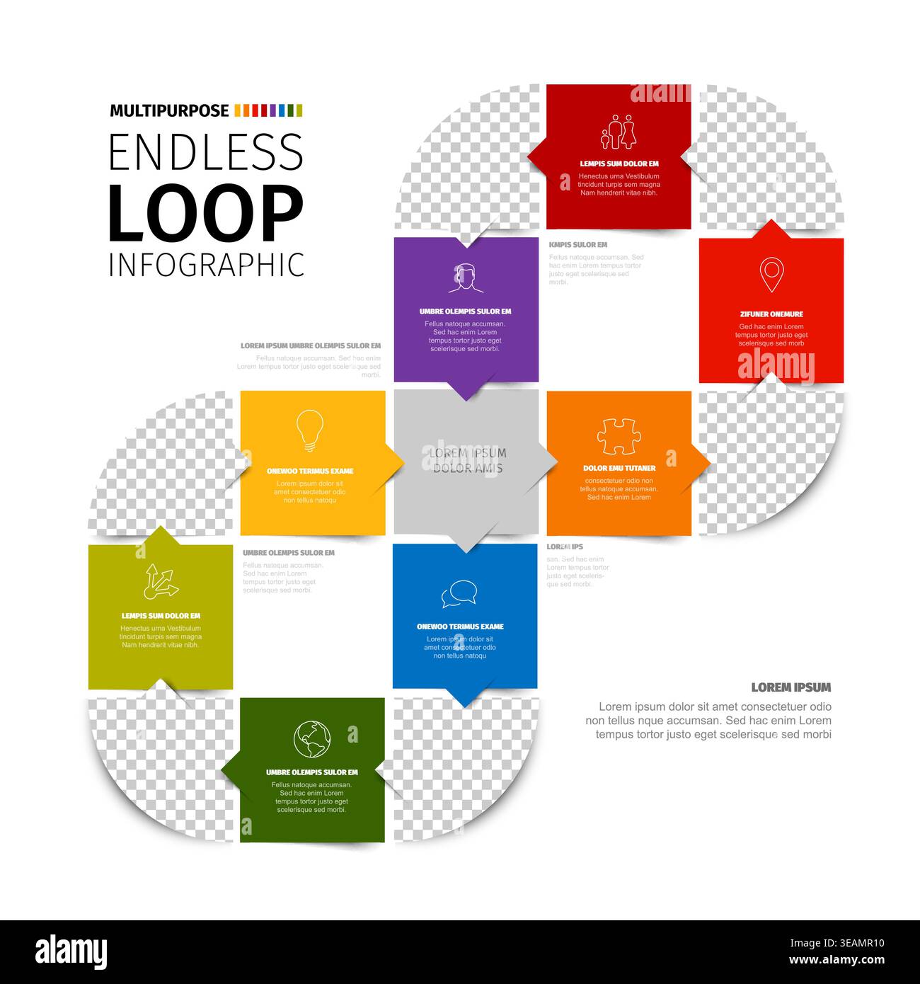 This endless loop infographic features colorful square steps in a continuous cycle with photo placeholders. Use this endless loop infographic and its Stock Vector