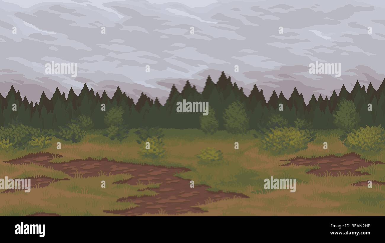 Rural field with forest pixel art landscape Stock Vector