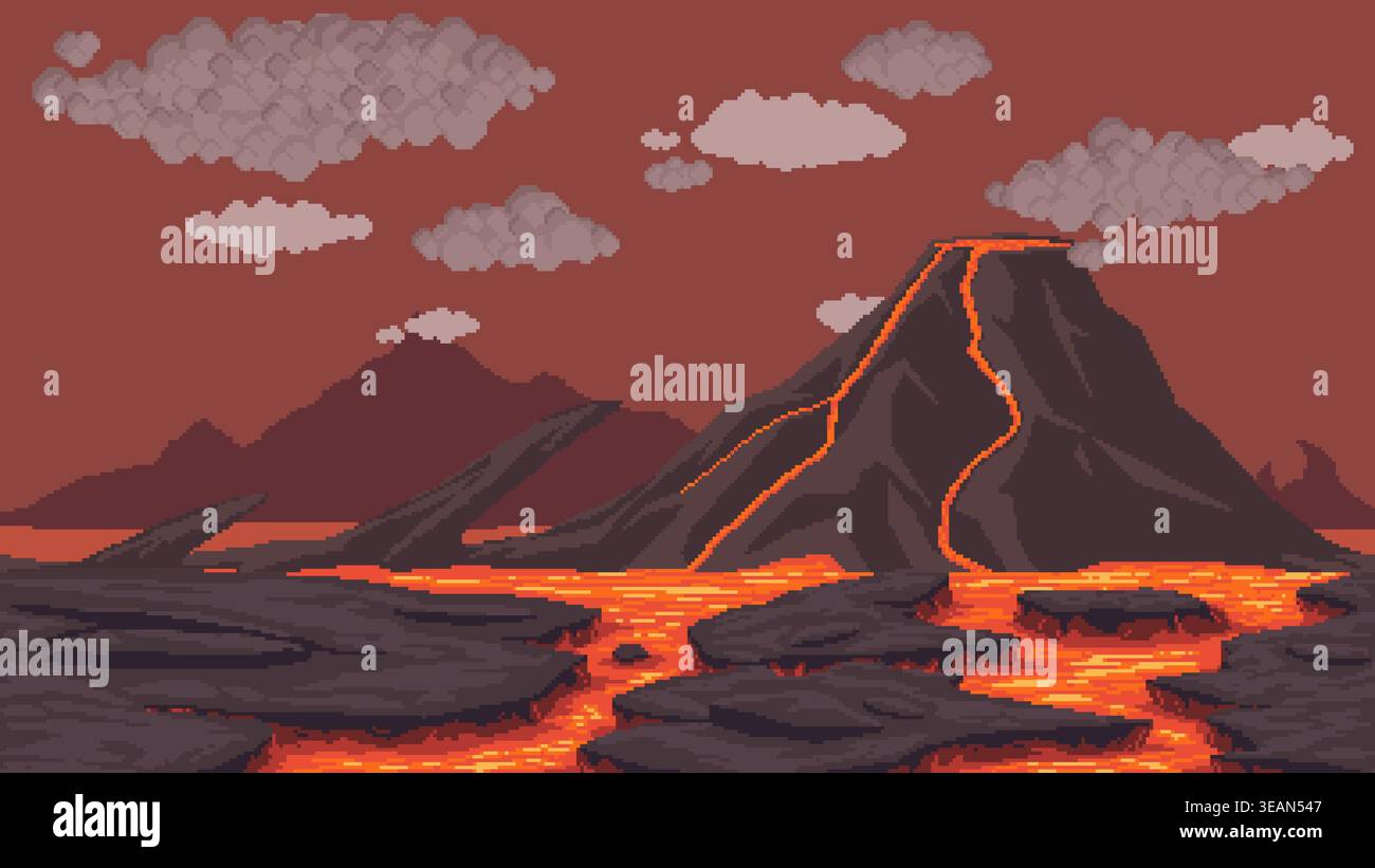 Pixel art volcanic lava landscape background Stock Vector
