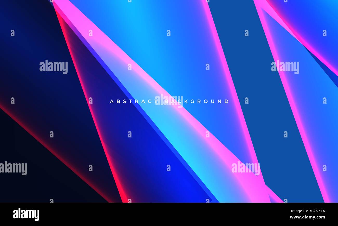 Vibrant neon triangles against dark abstract background, sharp cyan and magenta beams intersect in diagonal formation, luminous dynamic gradient glow Stock Vector
