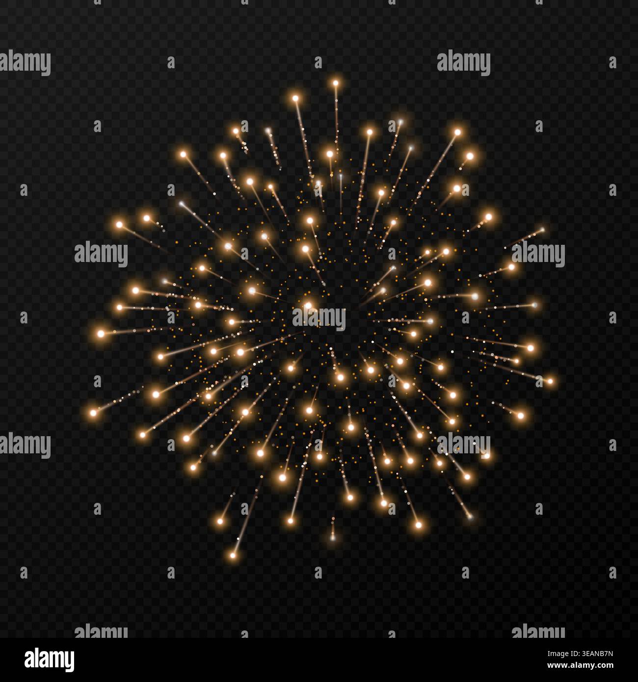 Golden firework burst with radiant light trails and scattered spark particles on a transparent background, perfect for celebration, holiday, party. Stock Vector