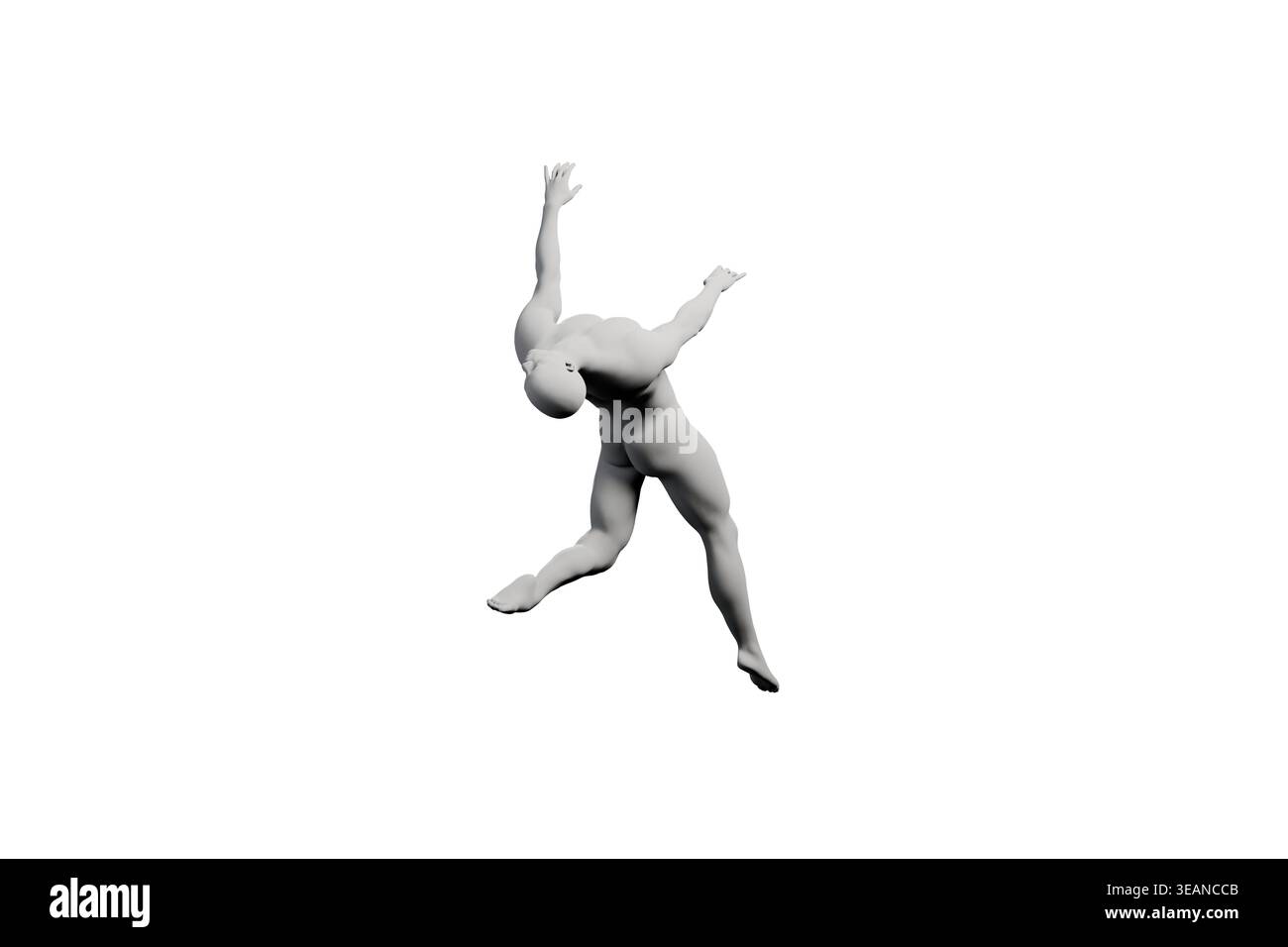 A 3D rendered figure model performing a backflip in a black studio ...