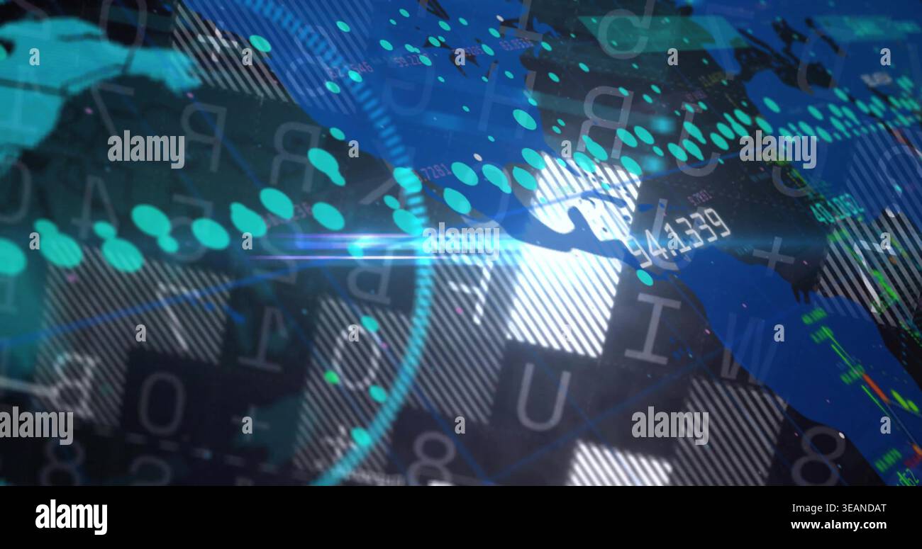 Showing abstract data visualization on virtual UI, featuring world map silhouette, teal node trail. Globe, holographic, dashboard, grid, checkerboard, Stock Photo