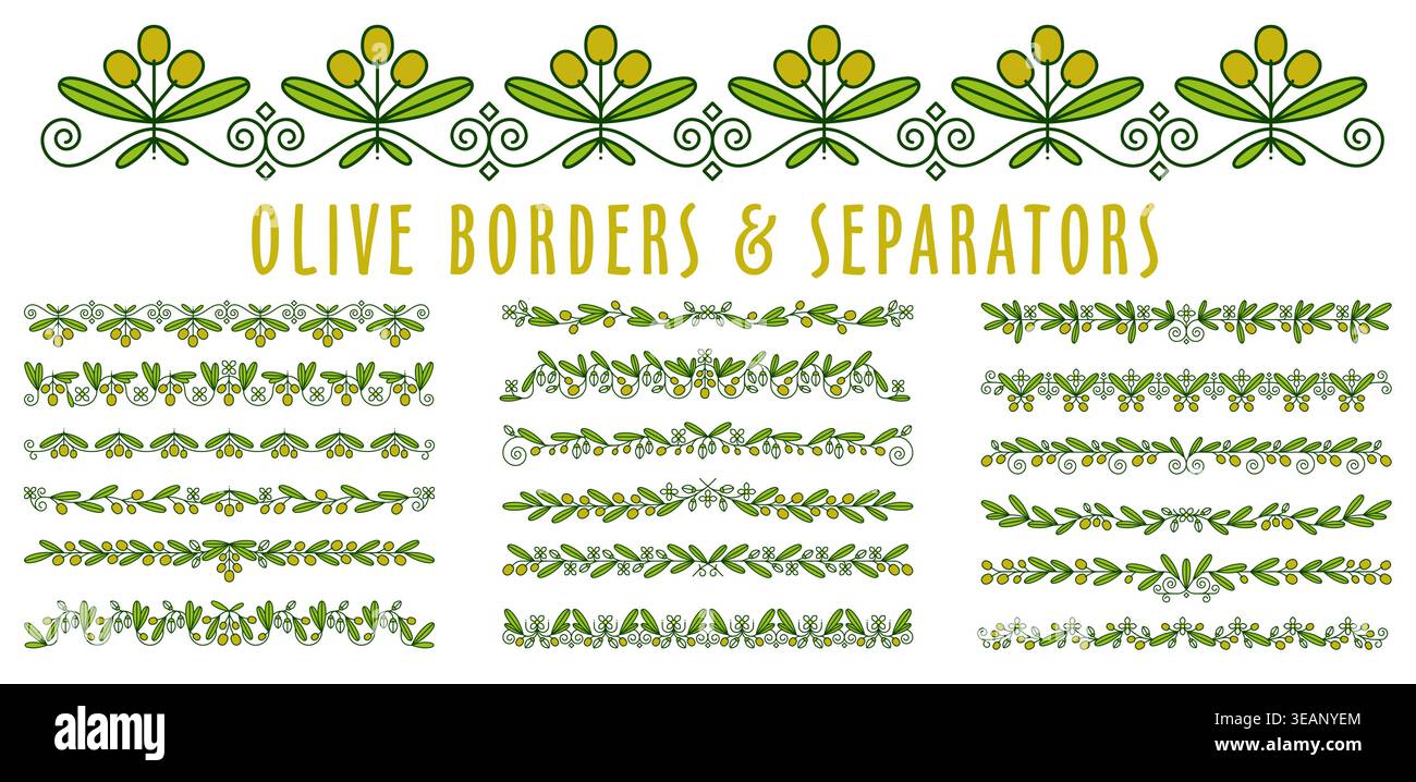 Olive divider separators and border frames. Vector set of Mediterranean ...