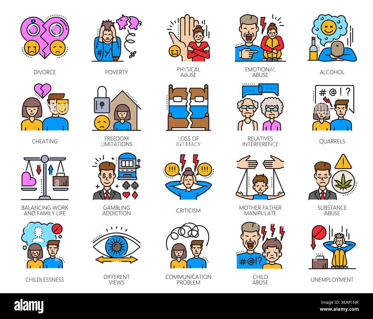 Family psychological problems color icons of people couple and kids ...
