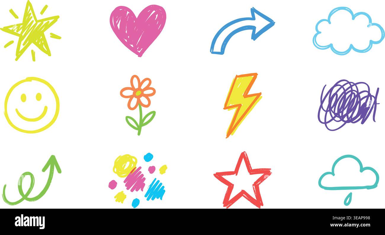 Crayon line icon pastel set.  Stock Vector