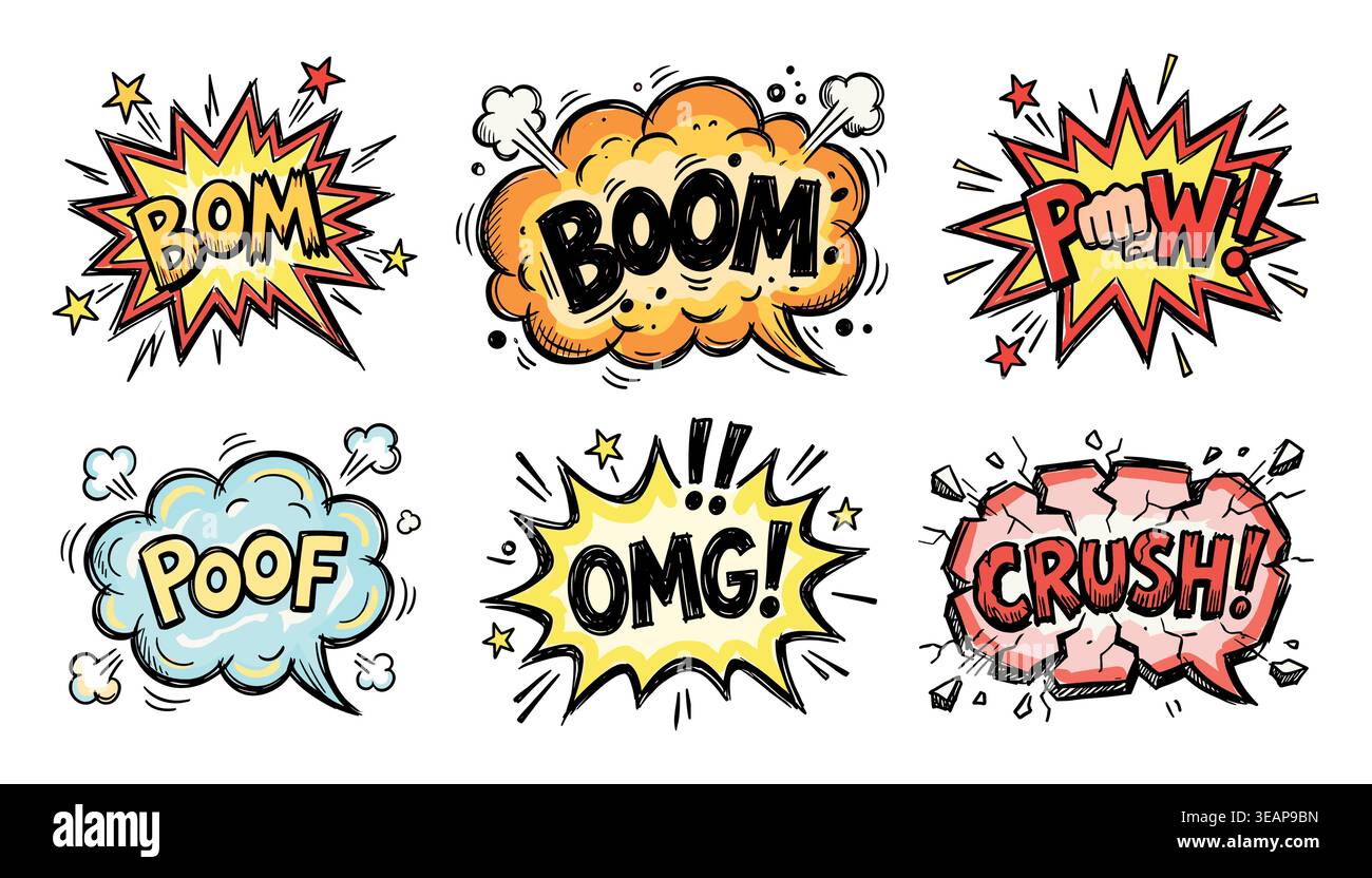 Set of hand drawn elements doodle comics isolated on white background.  Stock Vector