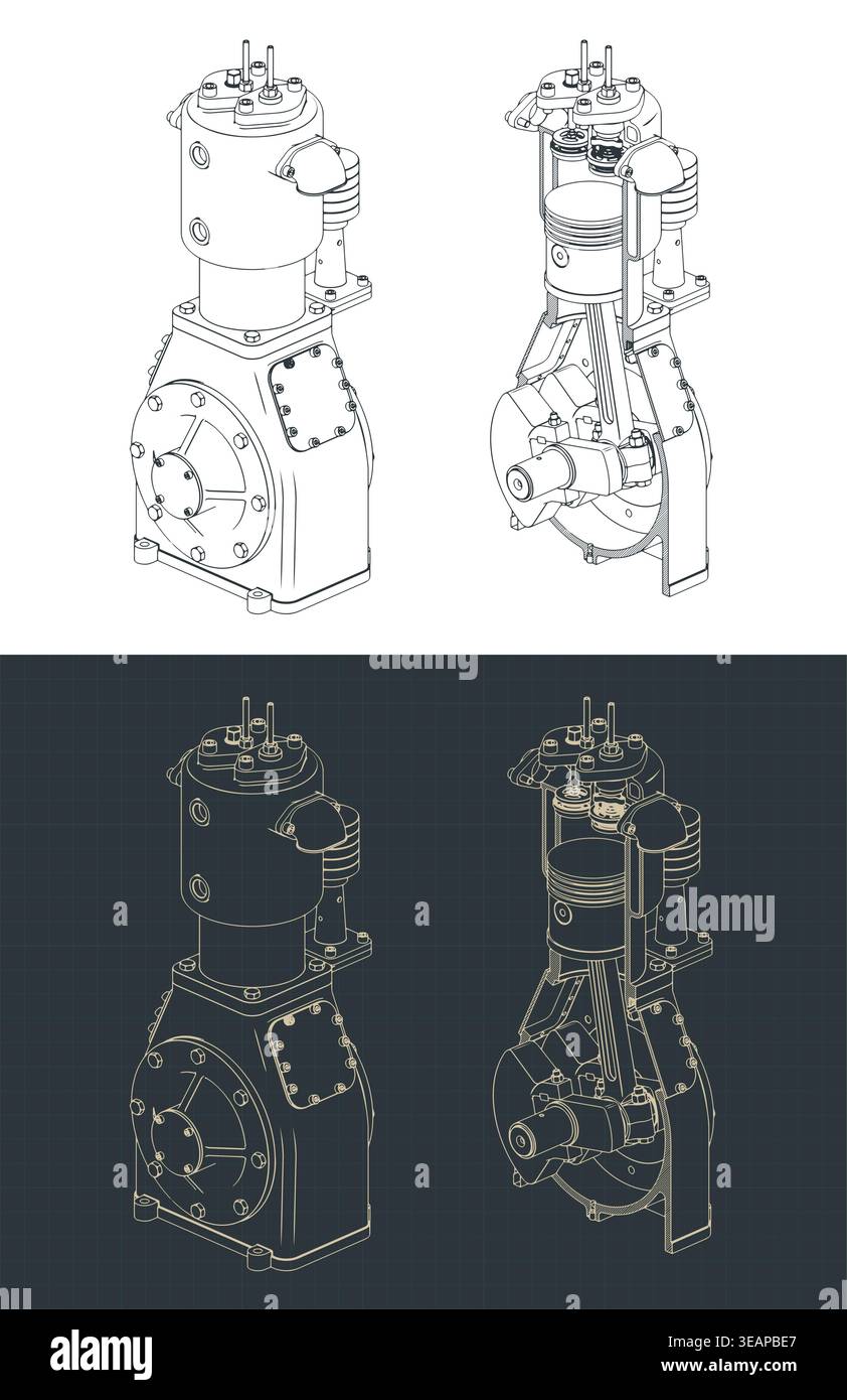 Air compressor cutaway technical drawings with internal parts stylized vector illustrations Stock Vector