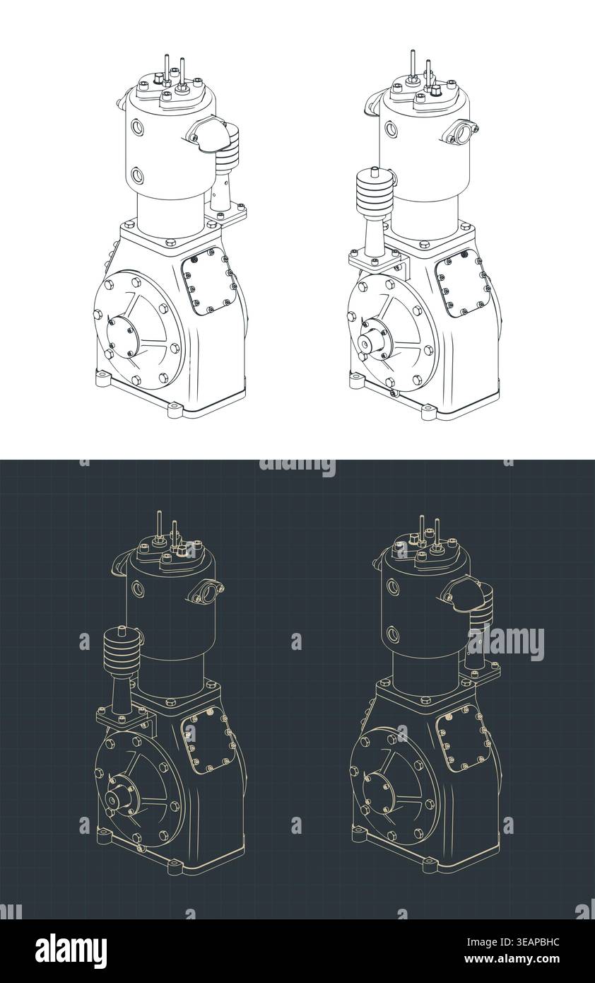 Industrial air compressor isometric technical drawings stylized vector illustrations Stock Vector