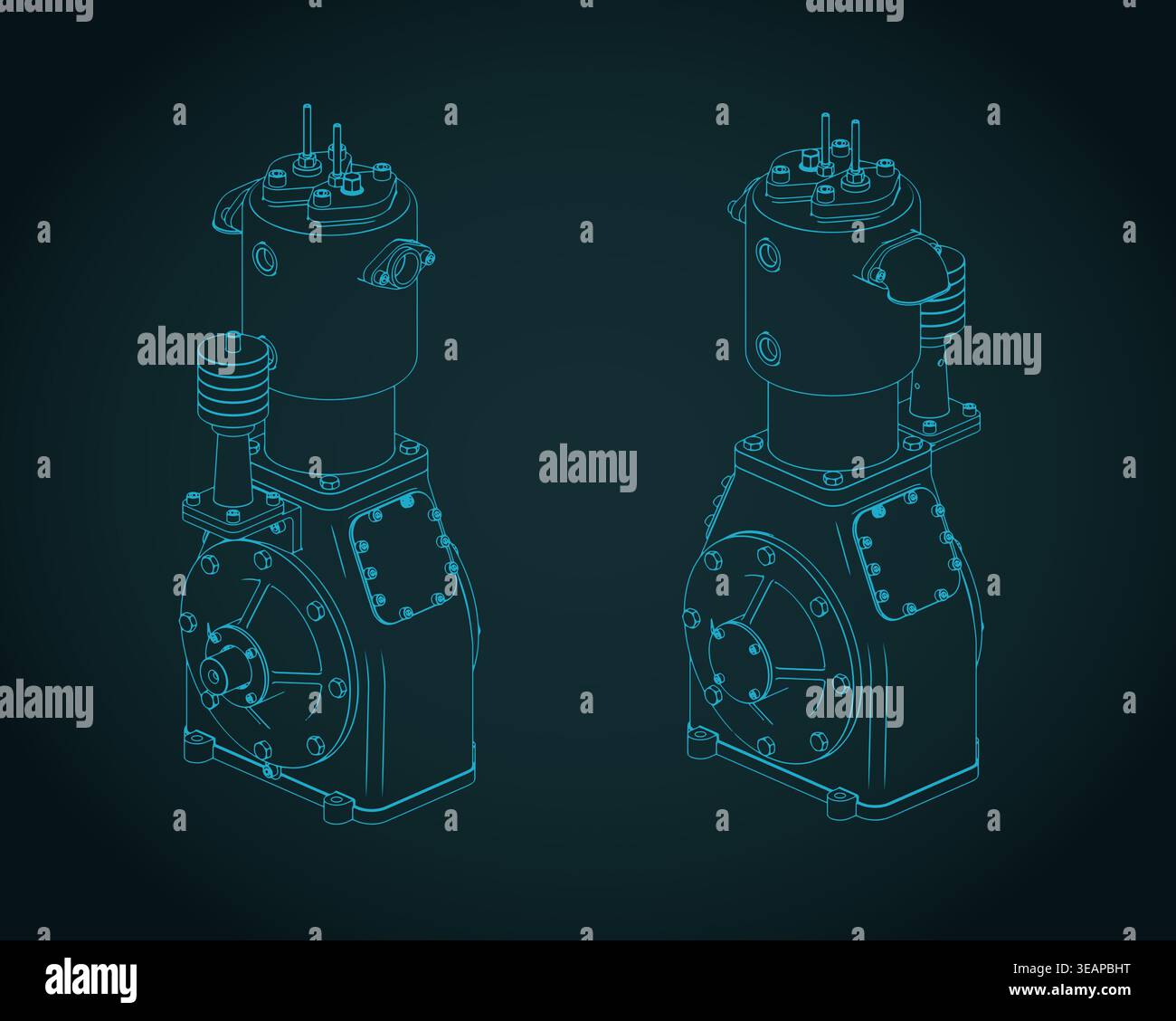 Industrial air compressor isometric blueprints stylized vector illustration Stock Vector