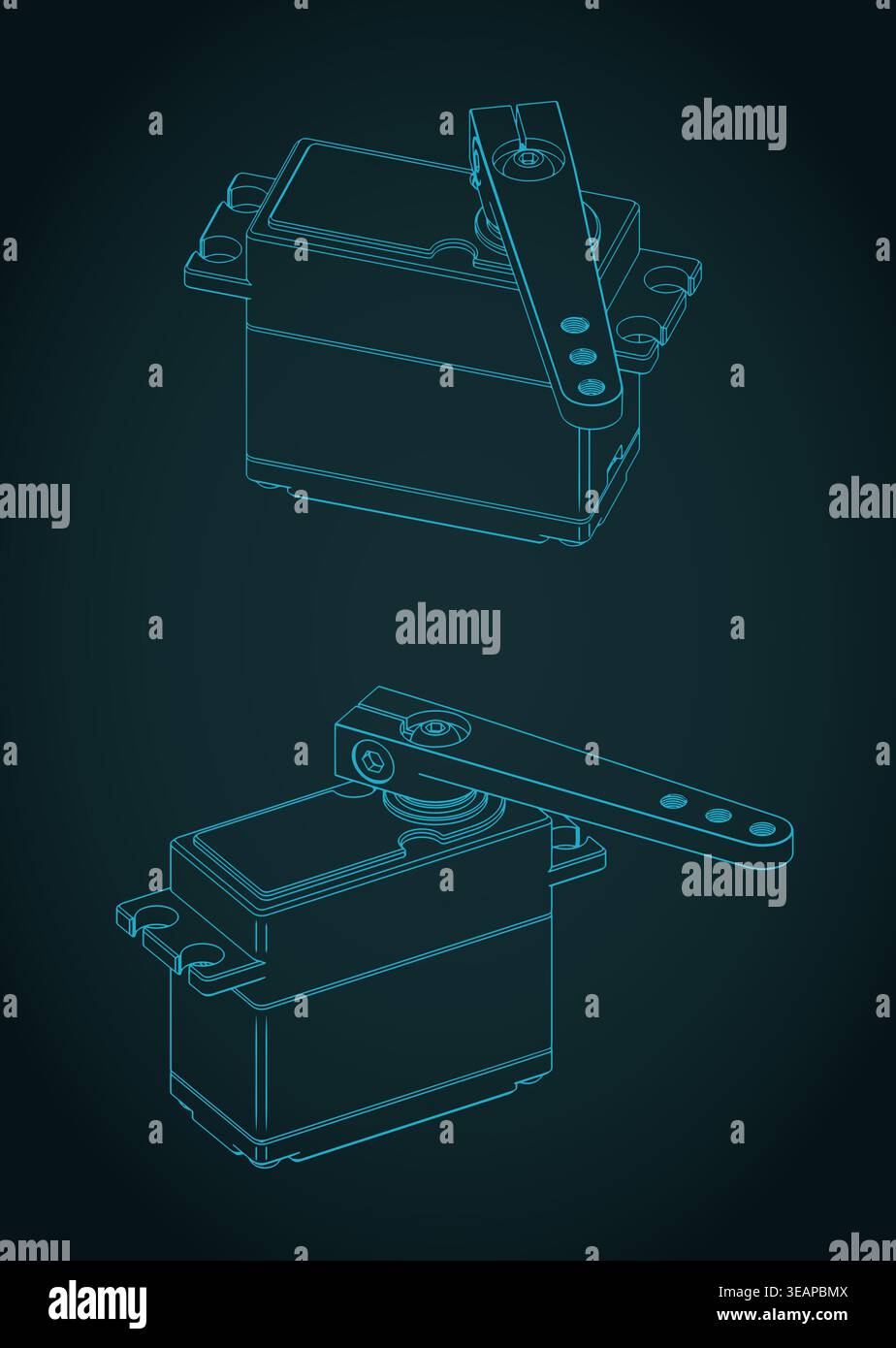 High torque servo drive for robotics and hobby projects  isometric blueprints: stylized vector illustrations Stock Vector