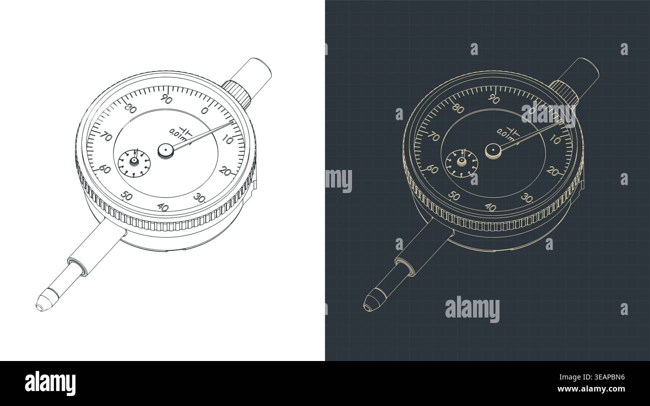 Precision diameter gauge technical isometric drawings stylized vector illustrations Stock Vector