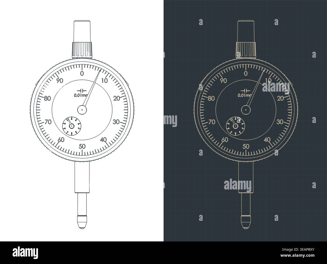 Precision diameter gauge engineering drawings stylized vector illustrations Stock Vector