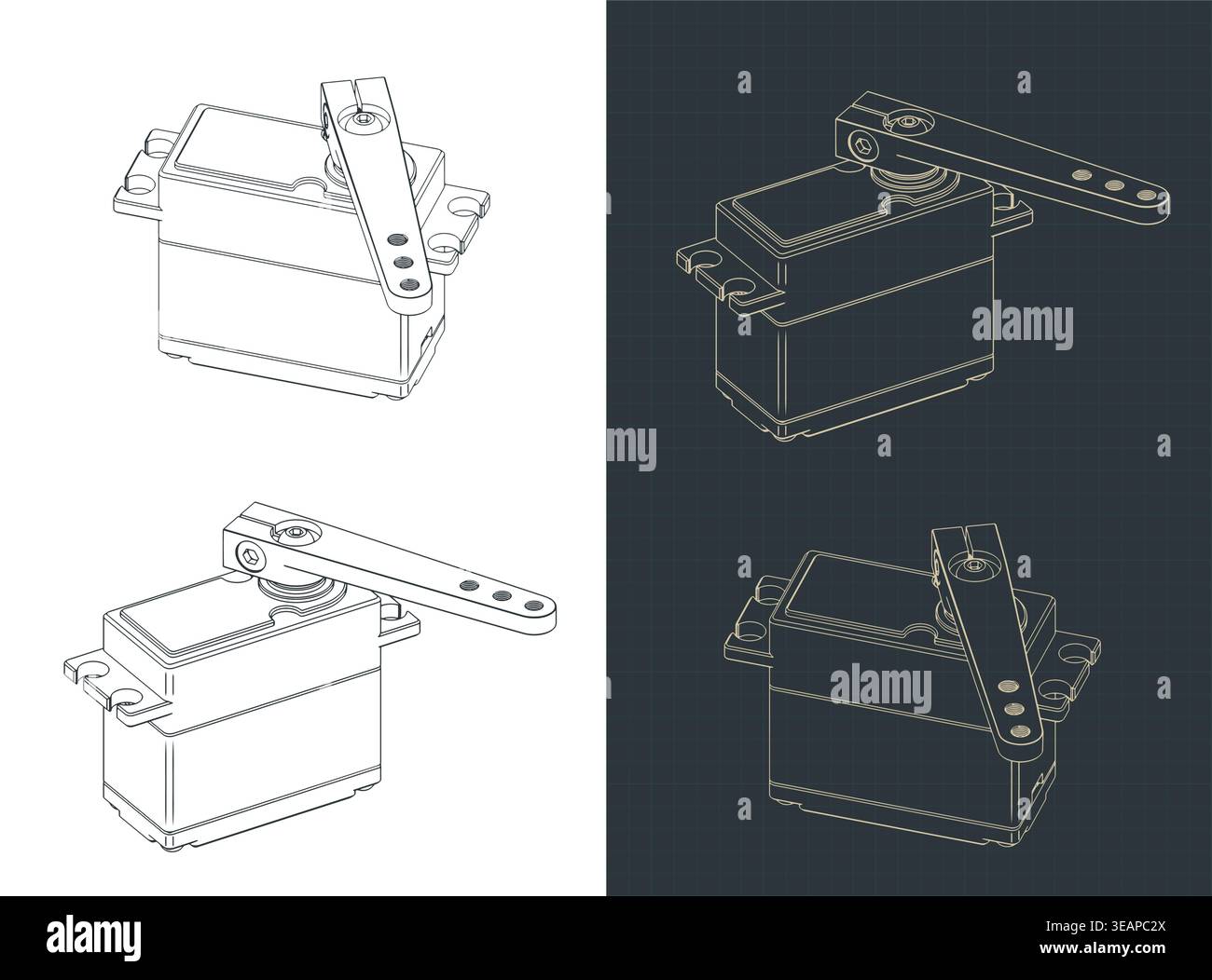 High torque servo drive isometric technical drawings for robotics and hobby projects: stylized vector illustrations Stock Vector