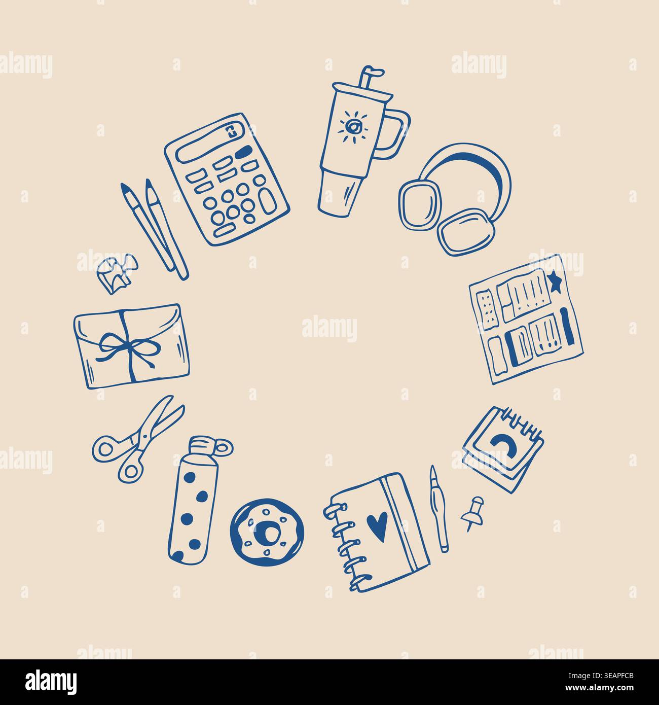 Hand drawn doodle office and study objects set in circle composition Stock Vector