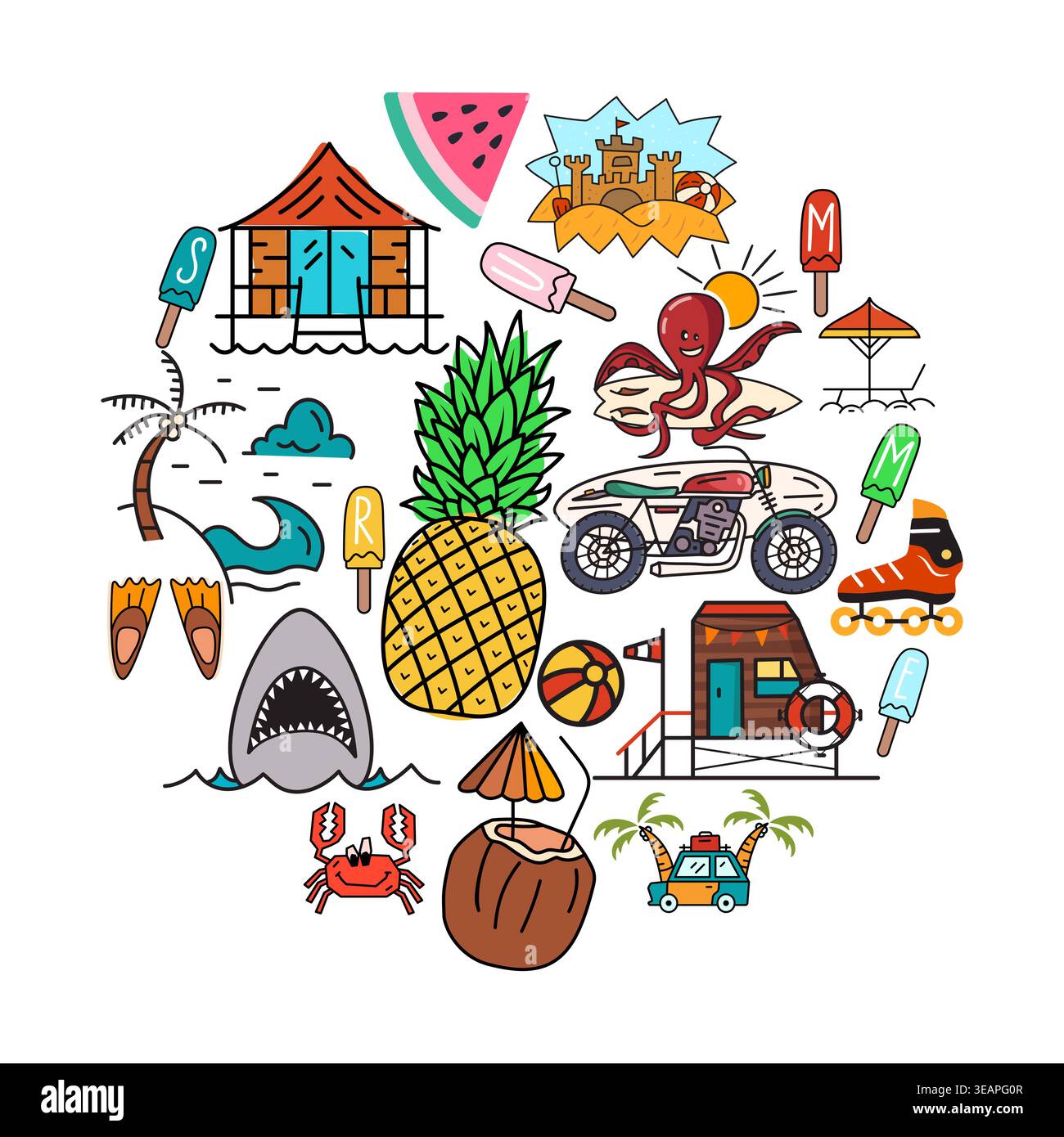 Colorful vector illustration featuring various summer holiday elements arranged in a creative and circular pattern design. Stock Vector