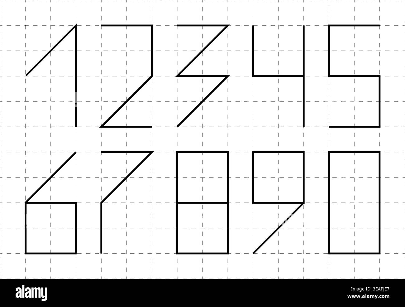 Vector illustration of geometric numeric characters designed for zip code and postal code layouts, minimalist linear numbers built on grid for address Stock Vector
