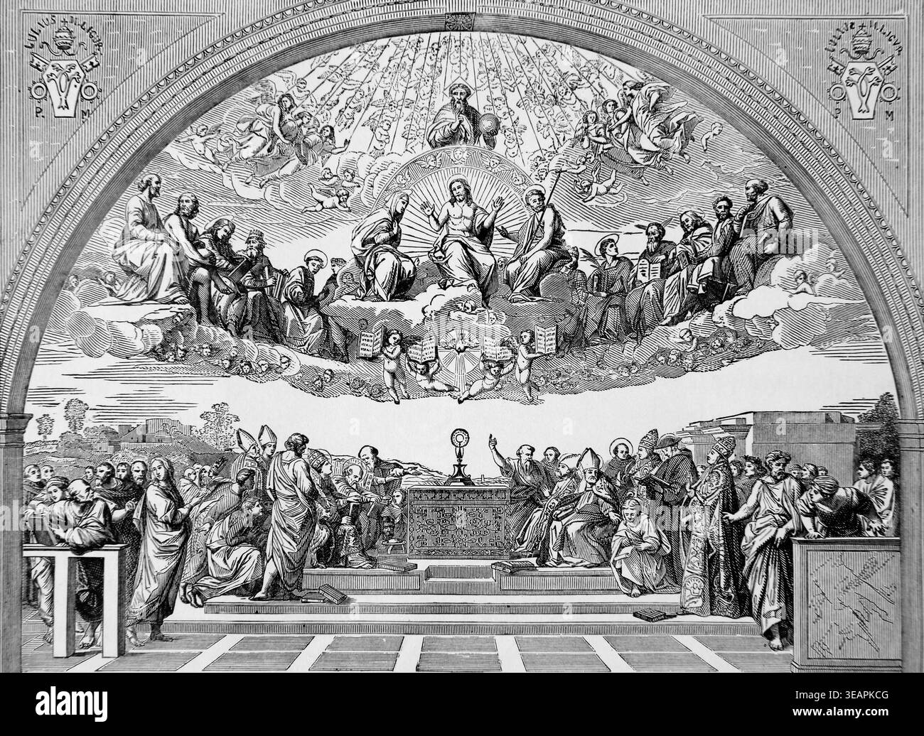 Engraving of the Holy Teachers of the Church depicting God looking over ...