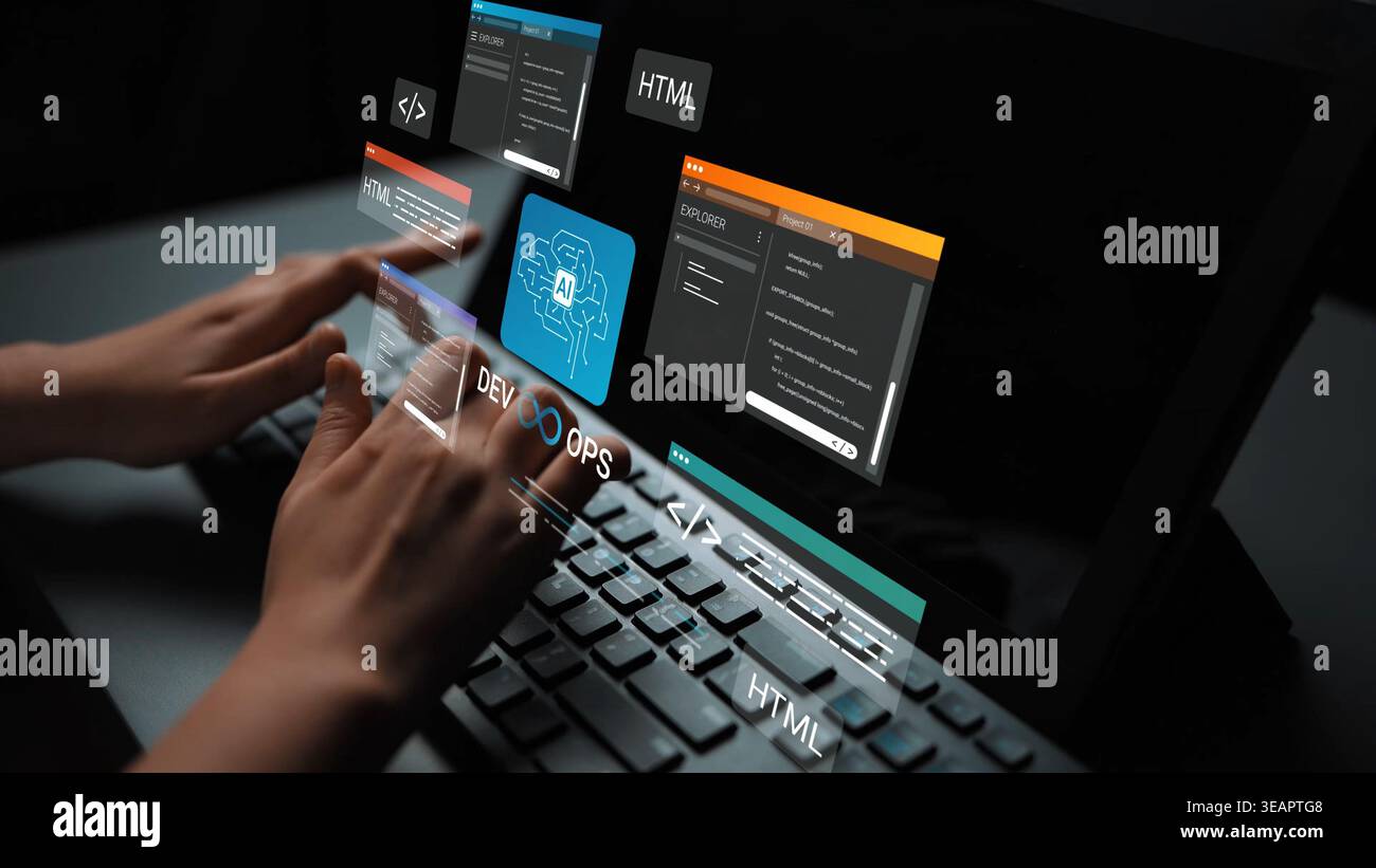 Hands typing on a keyboard with coding interfaces in a virtual environment displaying HTML, development, DevOps, and artificial intelligence concepts Stock Photo